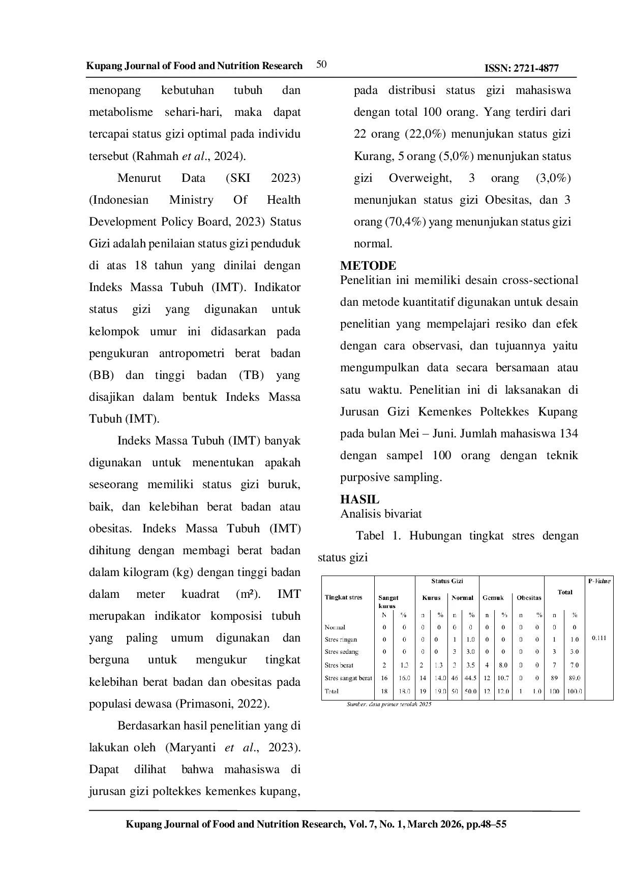 JURIS Hubungan Tingkat Stres dan Asupan Zat Gizi Makro dengan Status Gizi pada Mahasiswa Tingkat Akhir Jurusan Gizi Kemenkes Poltekkes Kupang Tahun 2025