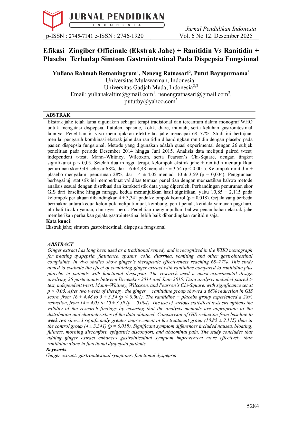 JURIS Efikasi Zingiber Officinale Ekstrak Jahe Ranitidin Vs Ranitidin Plasebo Terhadap Simtom Gastrointestinal Pada Dispepsia Fungsional