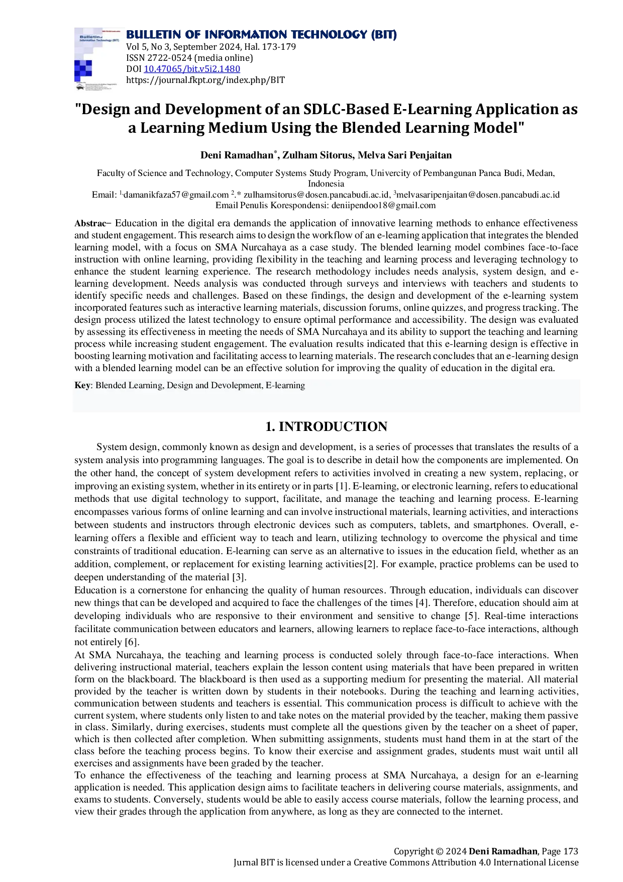 JURIS Design and Development of an SDLC Based E Learning Application as a Learning Medium Using the Blended Learning Model