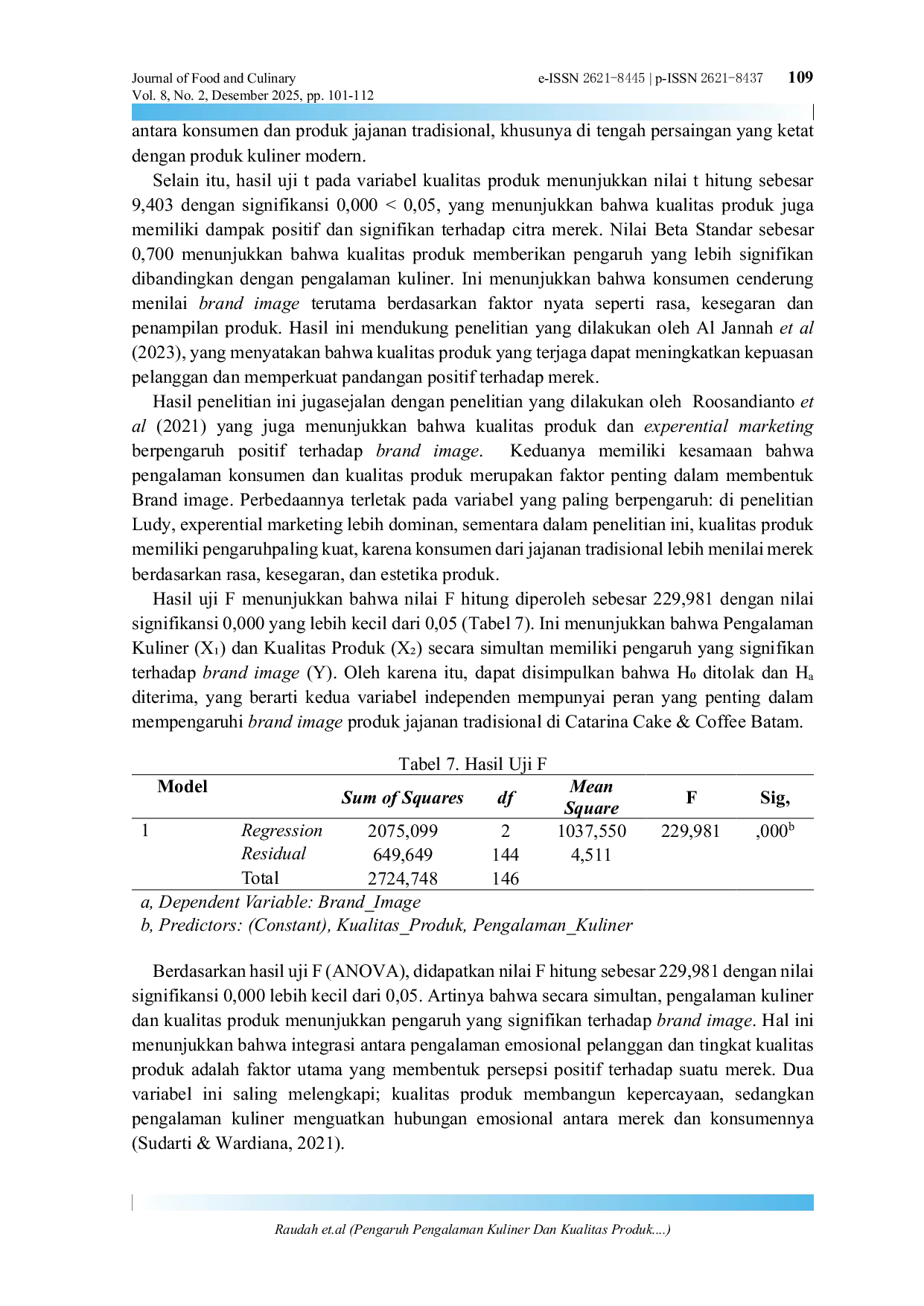 JURIS Pengaruh Pengalaman Kuliner Dan Kualitas Produk Terhadap Brand image Produk Jajanan Tradisional Di Catarina Cake Coffee Batam