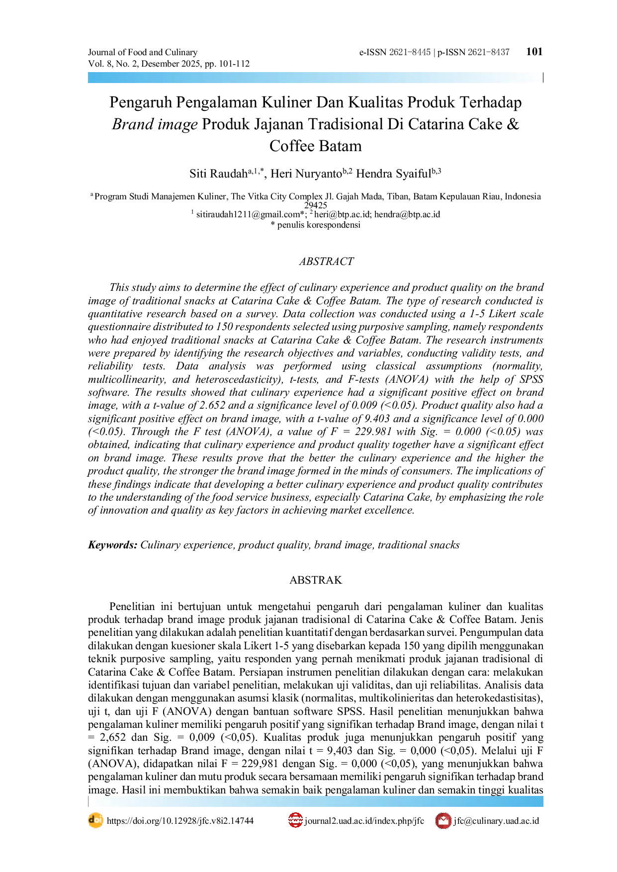 JURIS Pengaruh Pengalaman Kuliner Dan Kualitas Produk Terhadap Brand image Produk Jajanan Tradisional Di Catarina Cake Coffee Batam