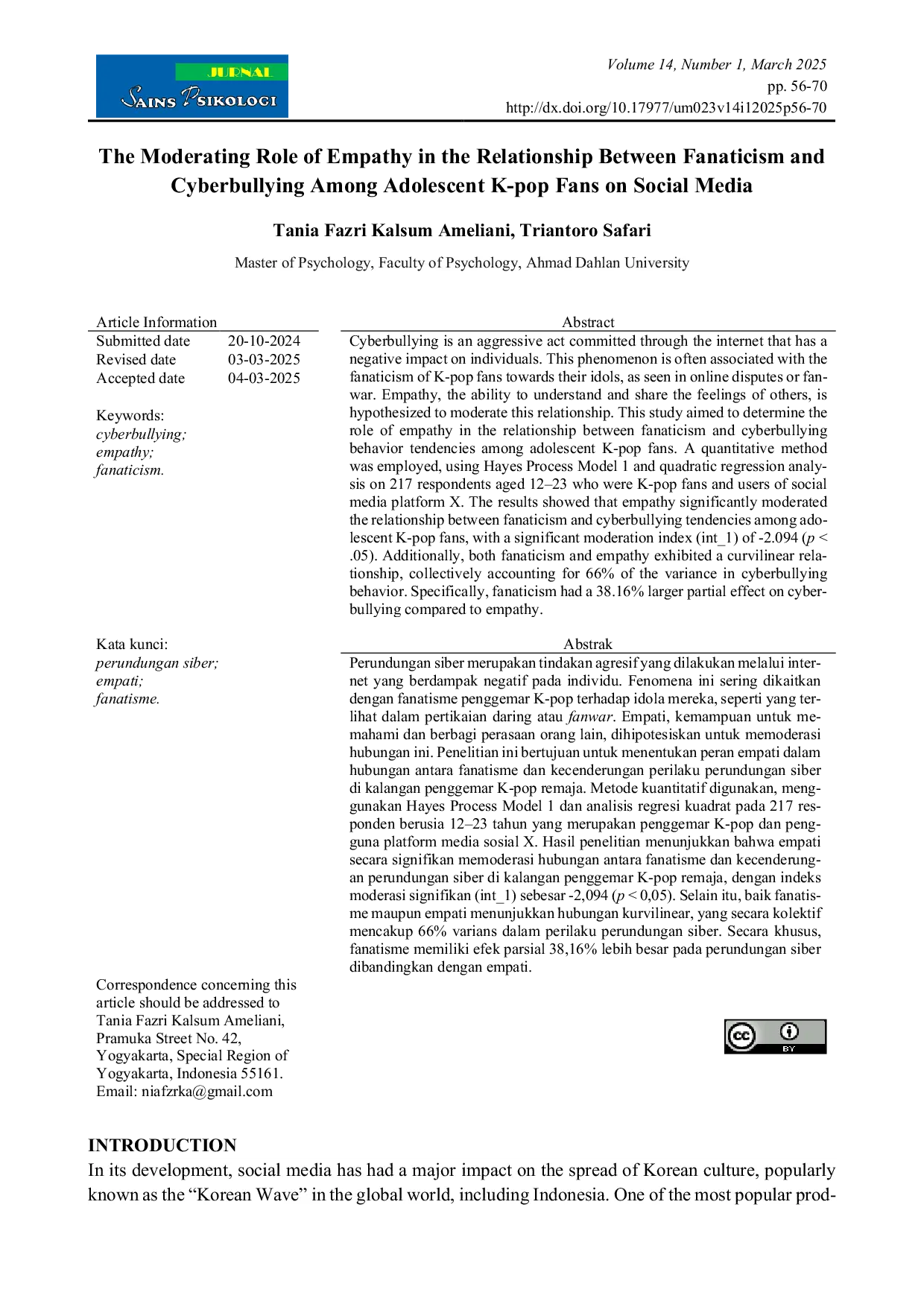 JURIS The Moderating Role of Empathy in the Relationship Between Fanaticism and Cyberbullying Among Adolescent K pop Fans on Social Media