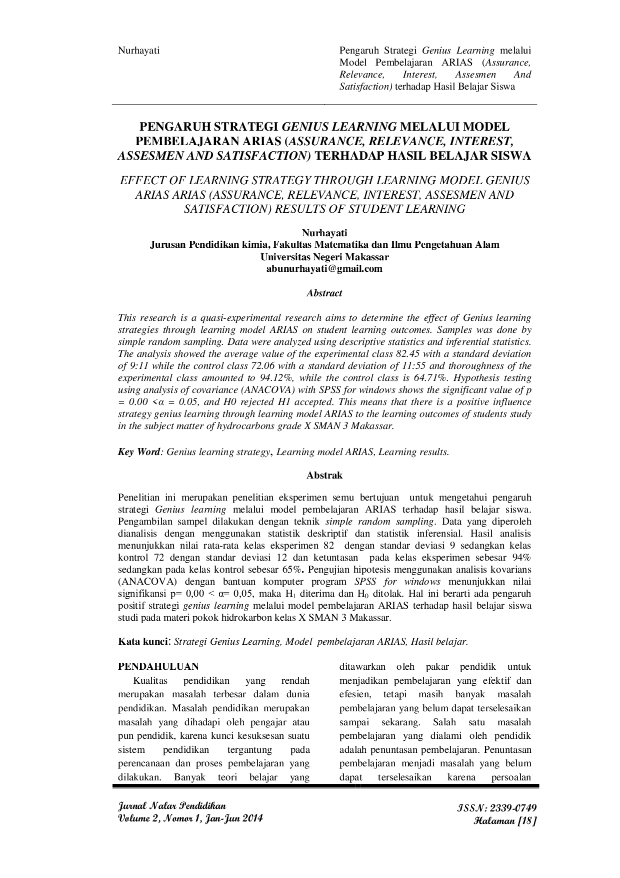 JURIS Pengaruh Strategi Genius Learning Melalui Model Pembelajaran ARIAS Assurance Relevance Interest Assesmen And Satisfaction Terhadap Hasil Belajar Siswa