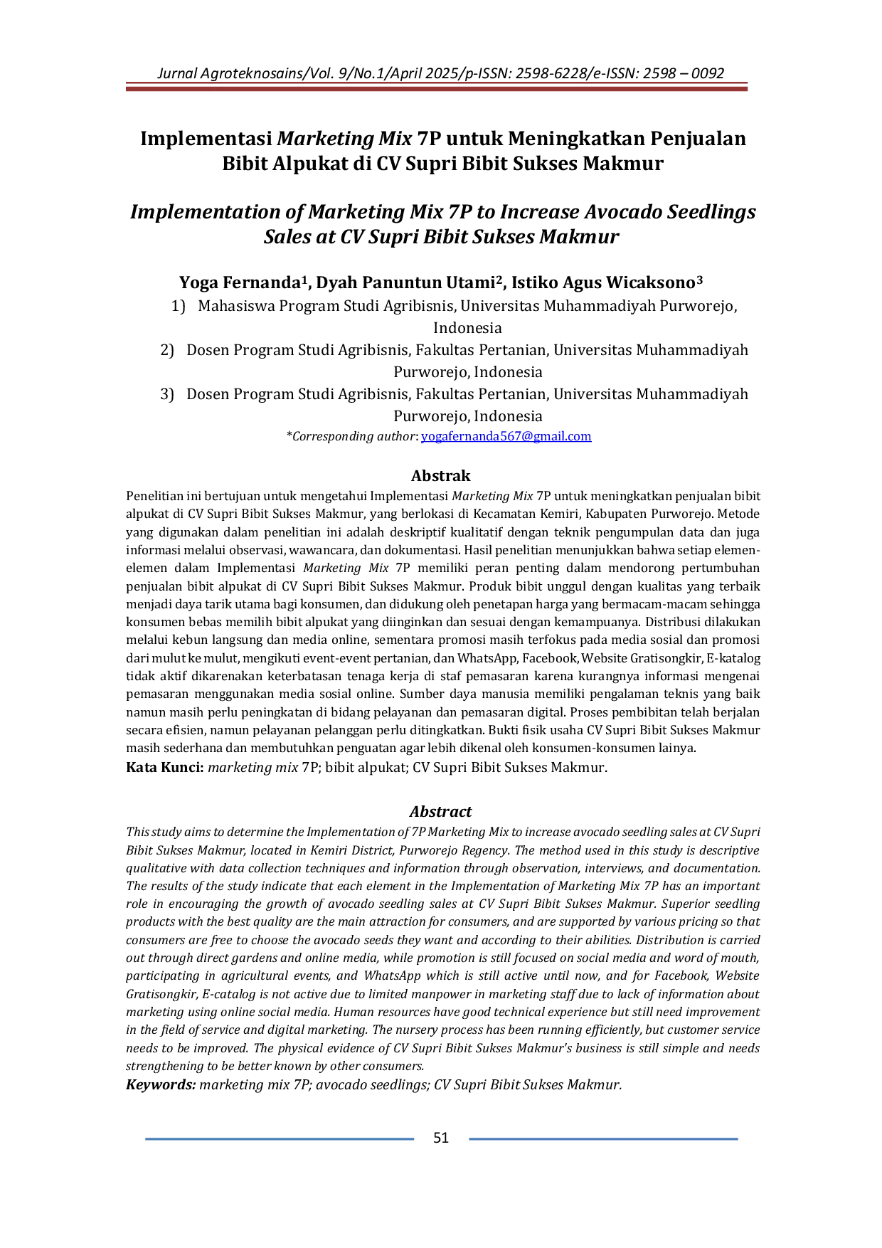 JURIS Implementasi Marketing Mix 7P untuk Meningkatkan Penjualan Bibit Alpukat di CV Supri Bibit Sukses Makmur
