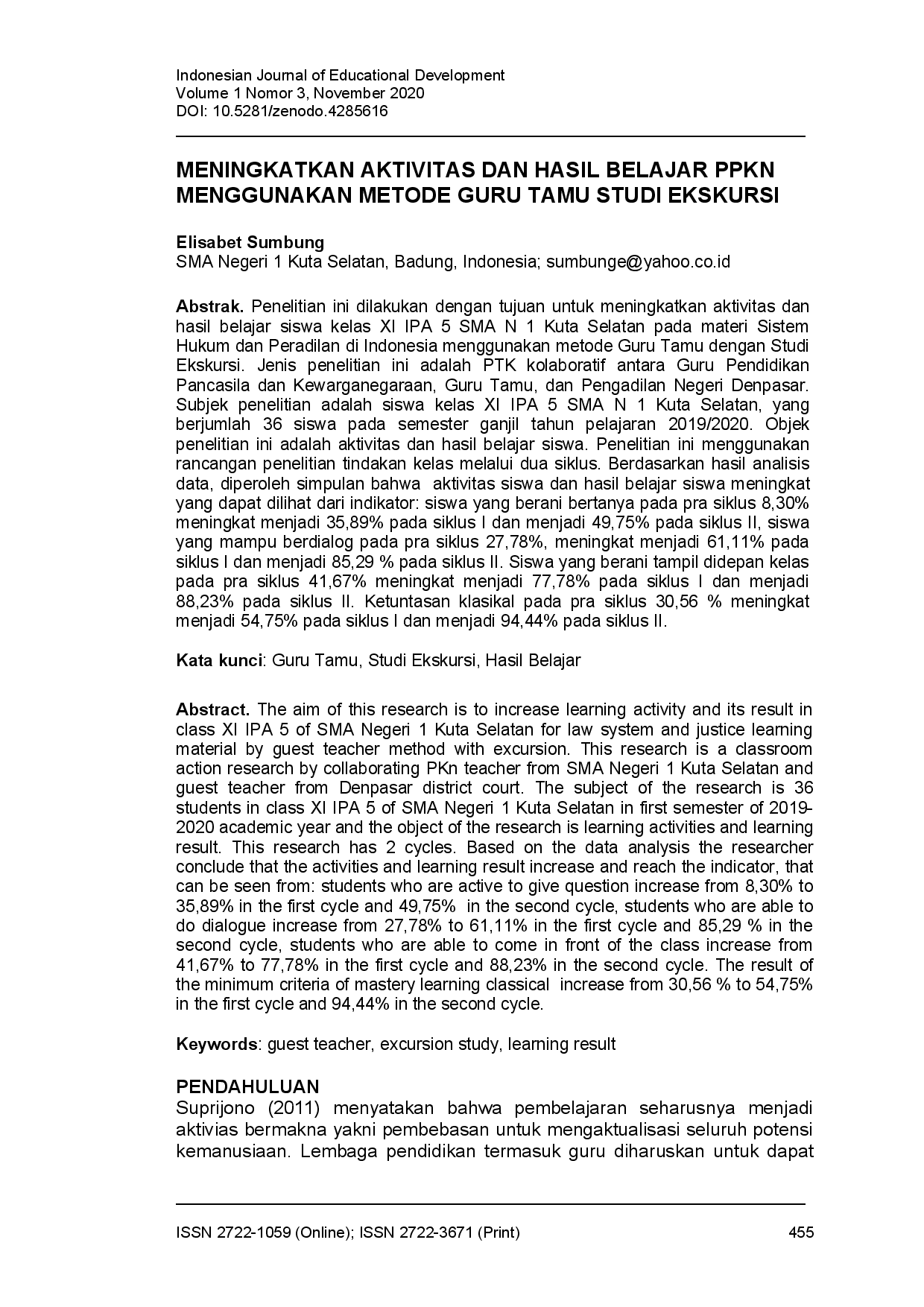 juris Meningkatkan aktivitas dan hasil belajar PPKn menggunakan metode guru tamu studi ekskursi