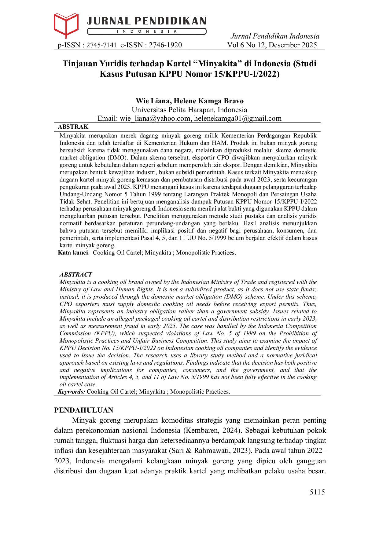 JURIS Tinjauan Yuridis terhadap Kartel Minyakita di Indonesia Studi Kasus Putusan KPPU Nomor 15 KPPU I 2022