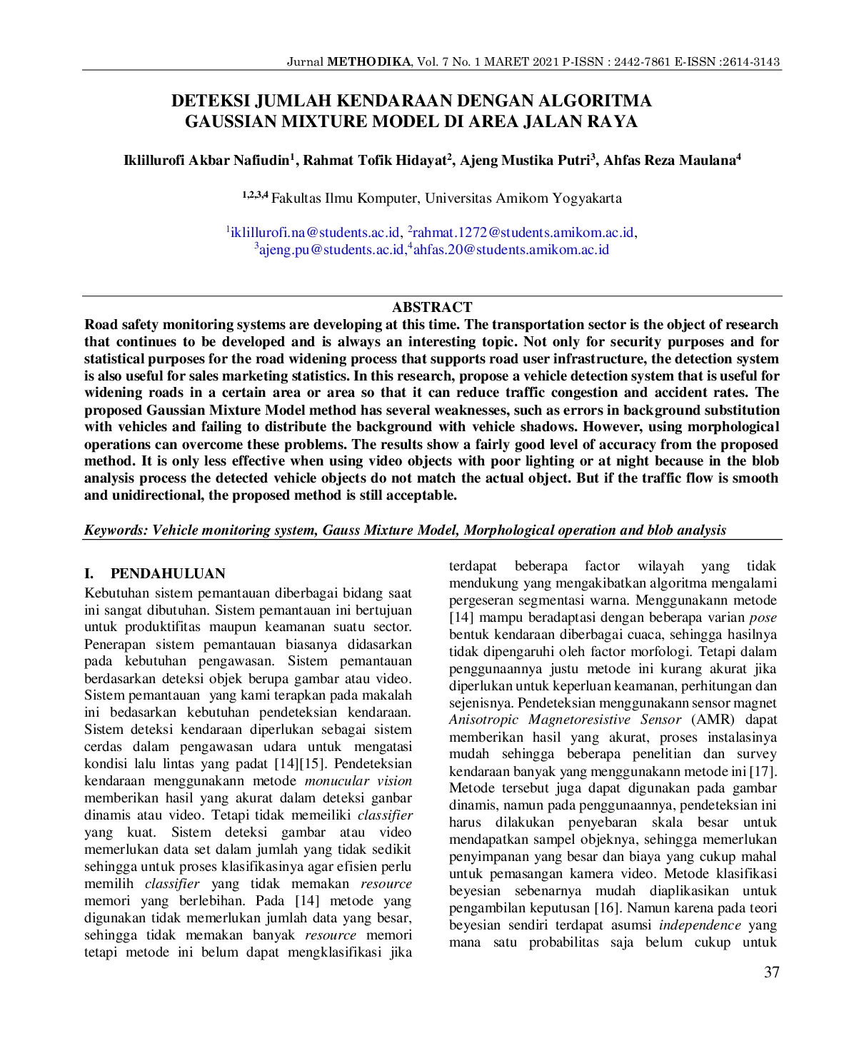 JURIS Deteksi Jumlah Kendaraan Dengan Algoritma Gaussian Mixture Model Di Area Jalan Raya