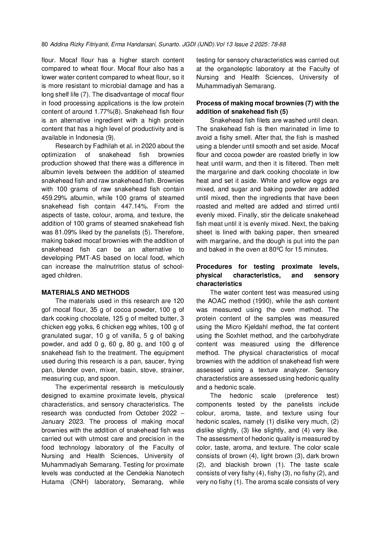 JURIS Proximate levels physical characteristics and sensory characteristics of mocaf brownies with the addition of snakehead fish Channa striata