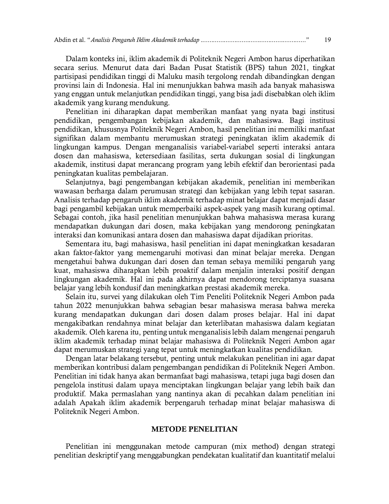 JURIS Analisis Pengaruh Iklim Akademik terhadap Minat Belajar Mahasiswa ke Politeknik Negari Ambon