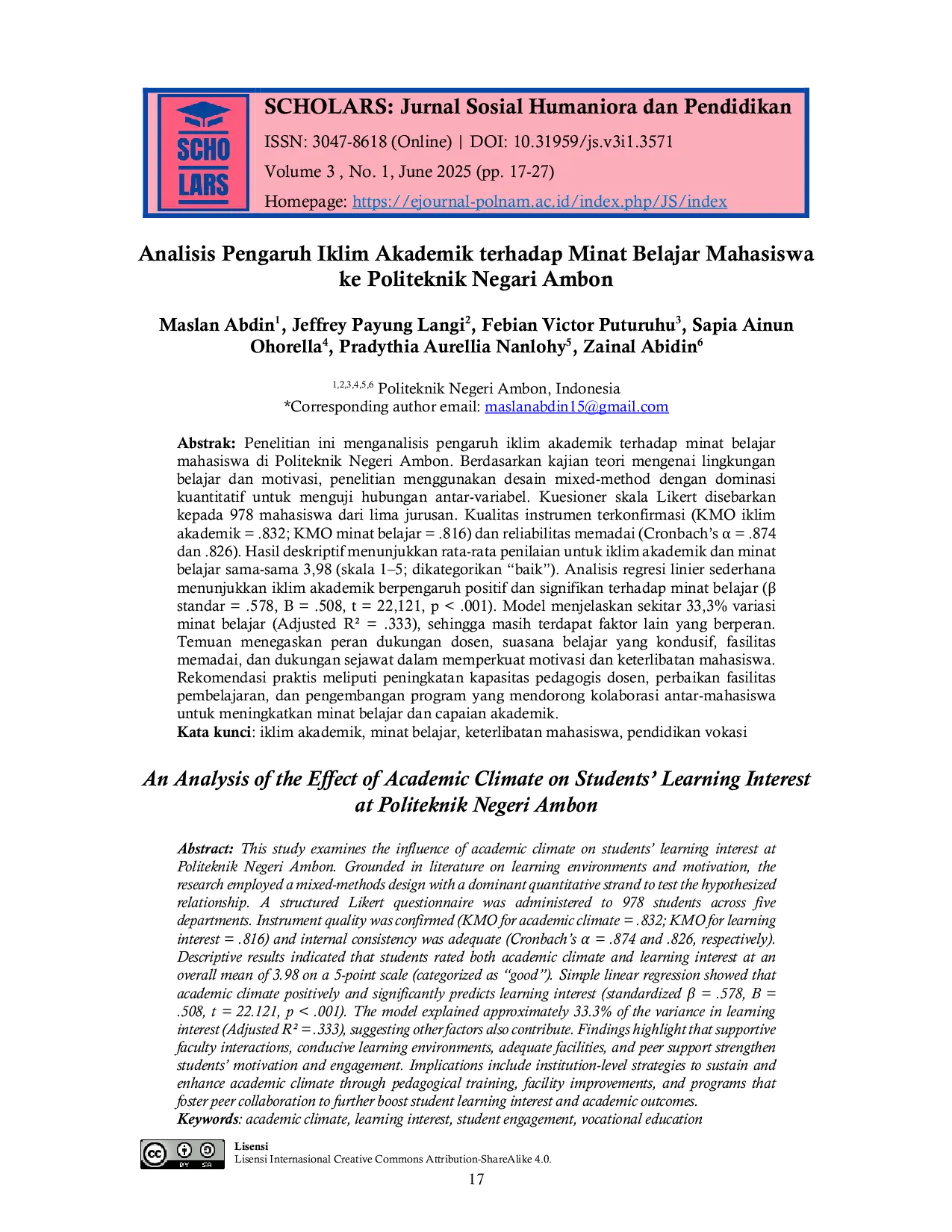JURIS Analisis Pengaruh Iklim Akademik terhadap Minat Belajar Mahasiswa ke Politeknik Negari Ambon