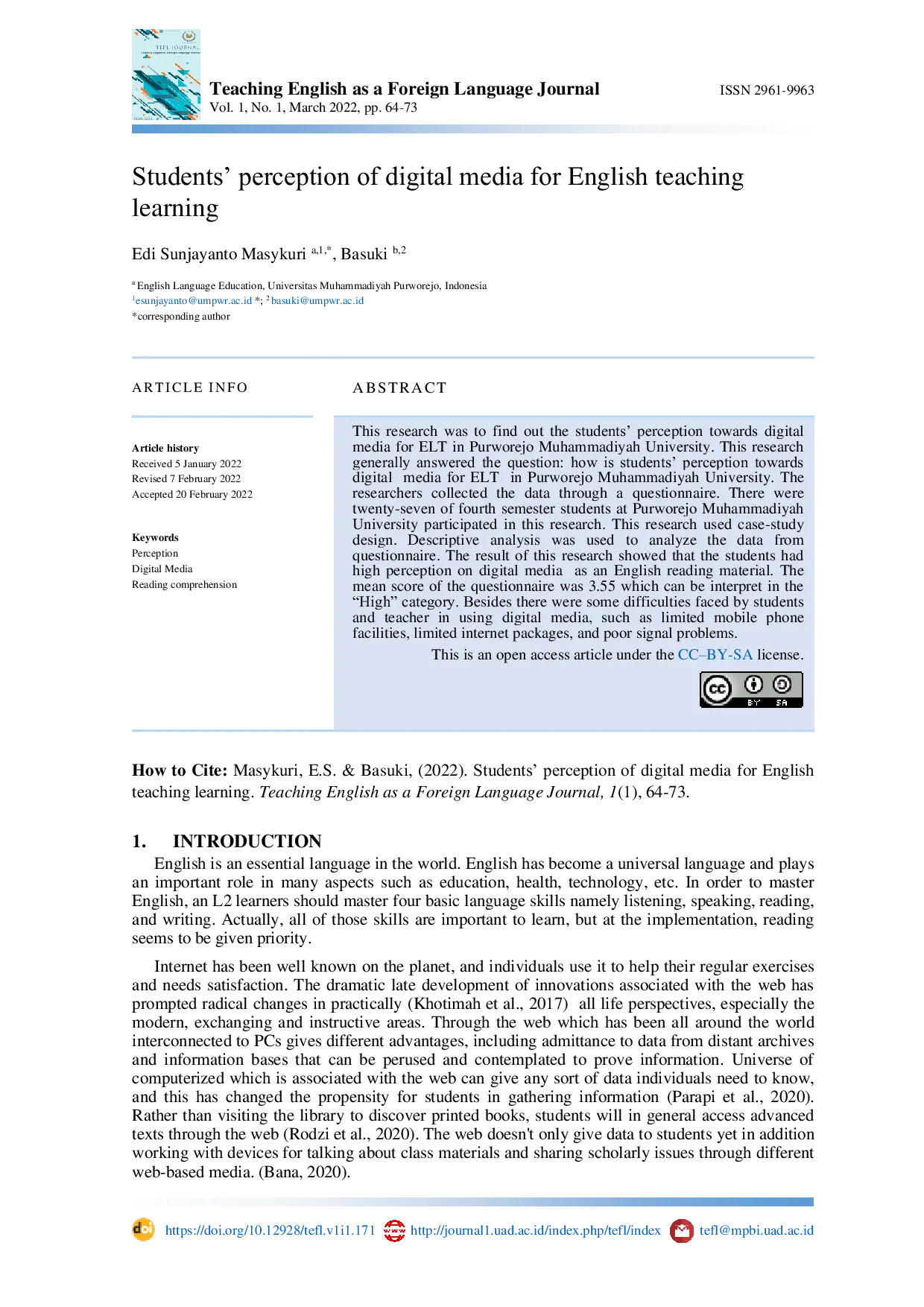 JURIS Students perception of digital media for English teaching learning