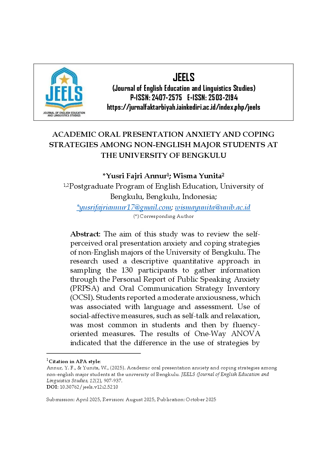 juris Academic Oral Presentation Anxiety and Coping Strategies among Non English Major Students at the University of Bengkulu