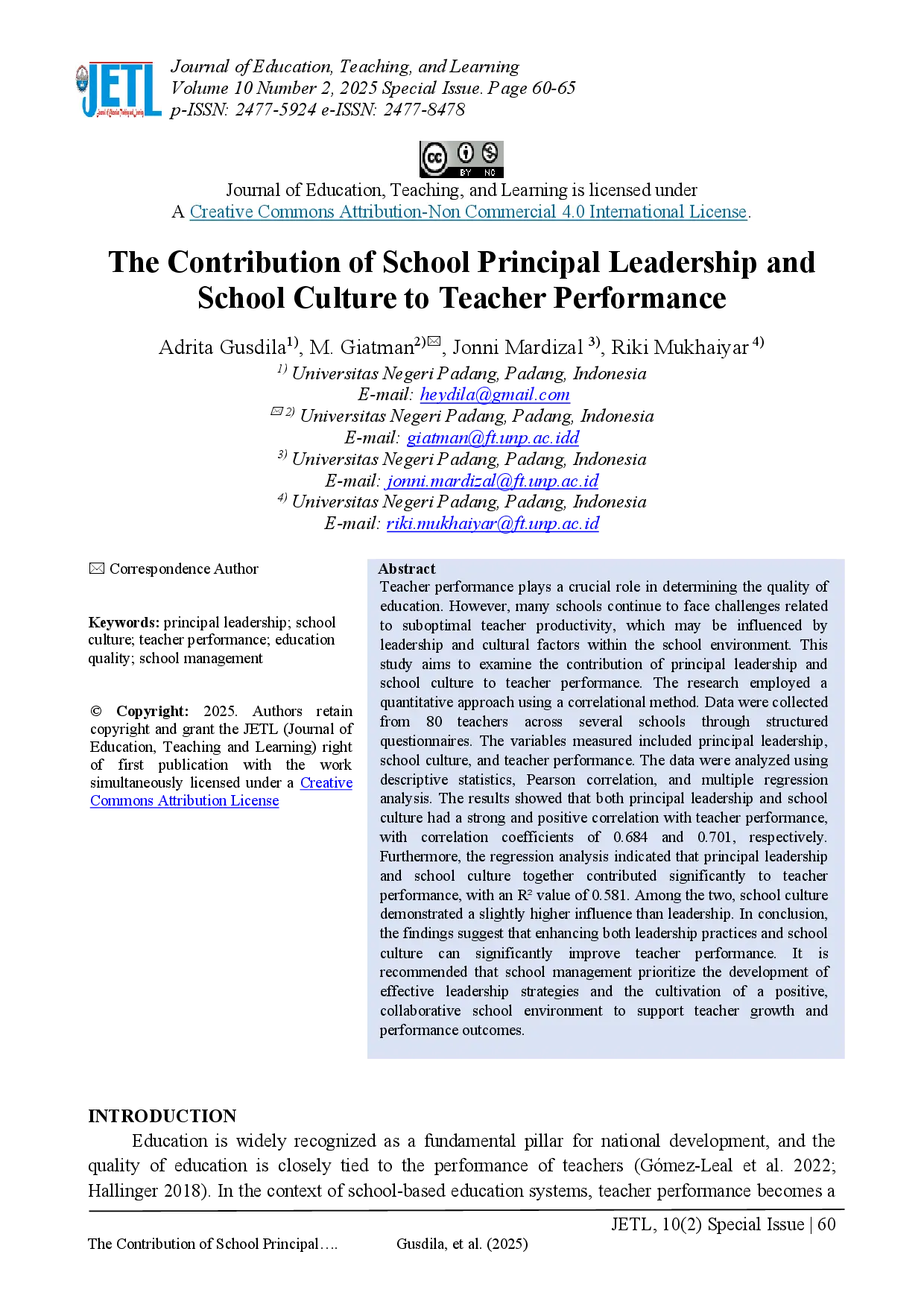 juris The Contribution of School Principal Leadership and School Culture to Teacher Performance