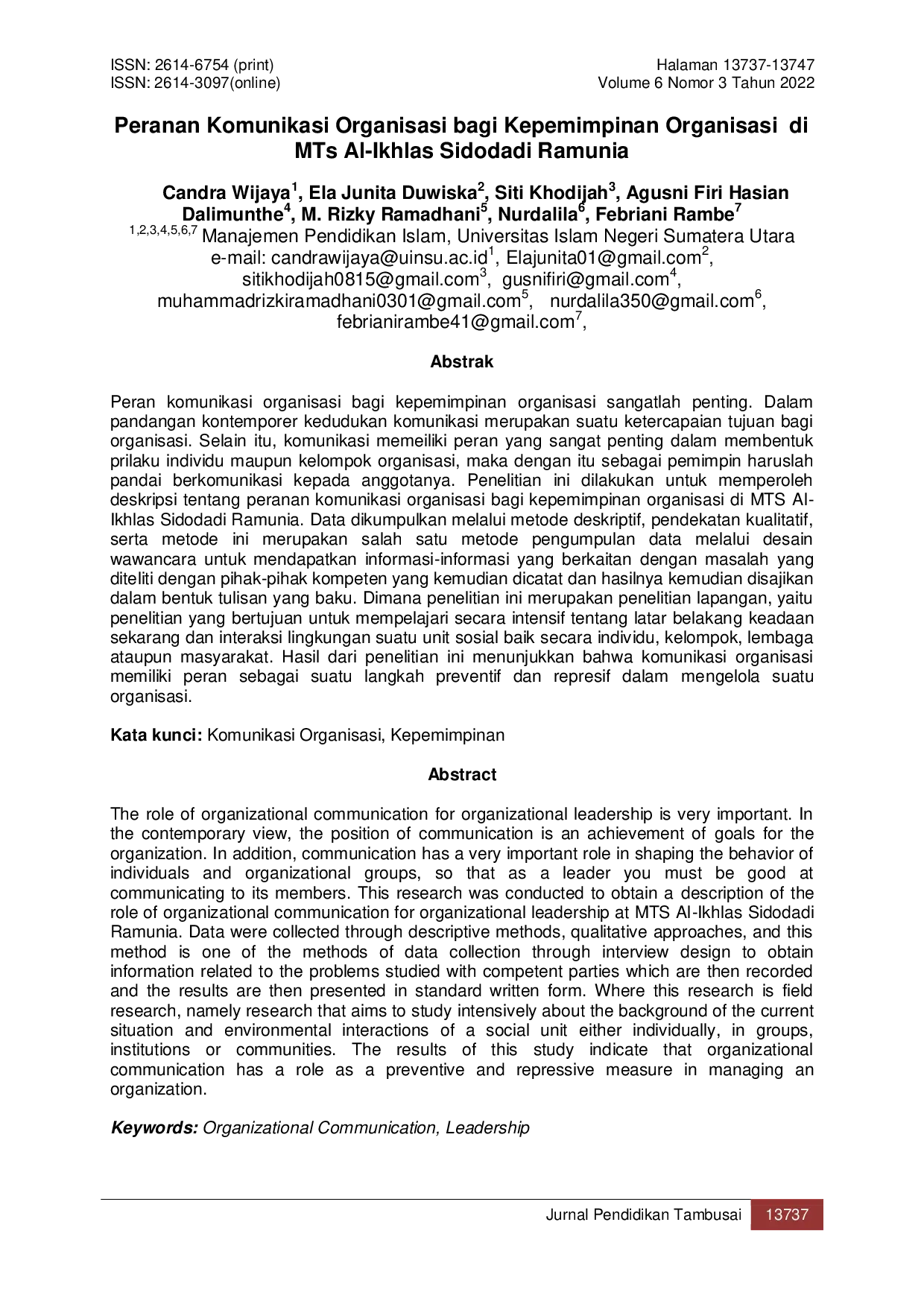 JURIS Peranan Komunikasi Organisasi bagi Kepemimpinan Organisasi di MTs Al Ikhlas Sidodadi Ramunia