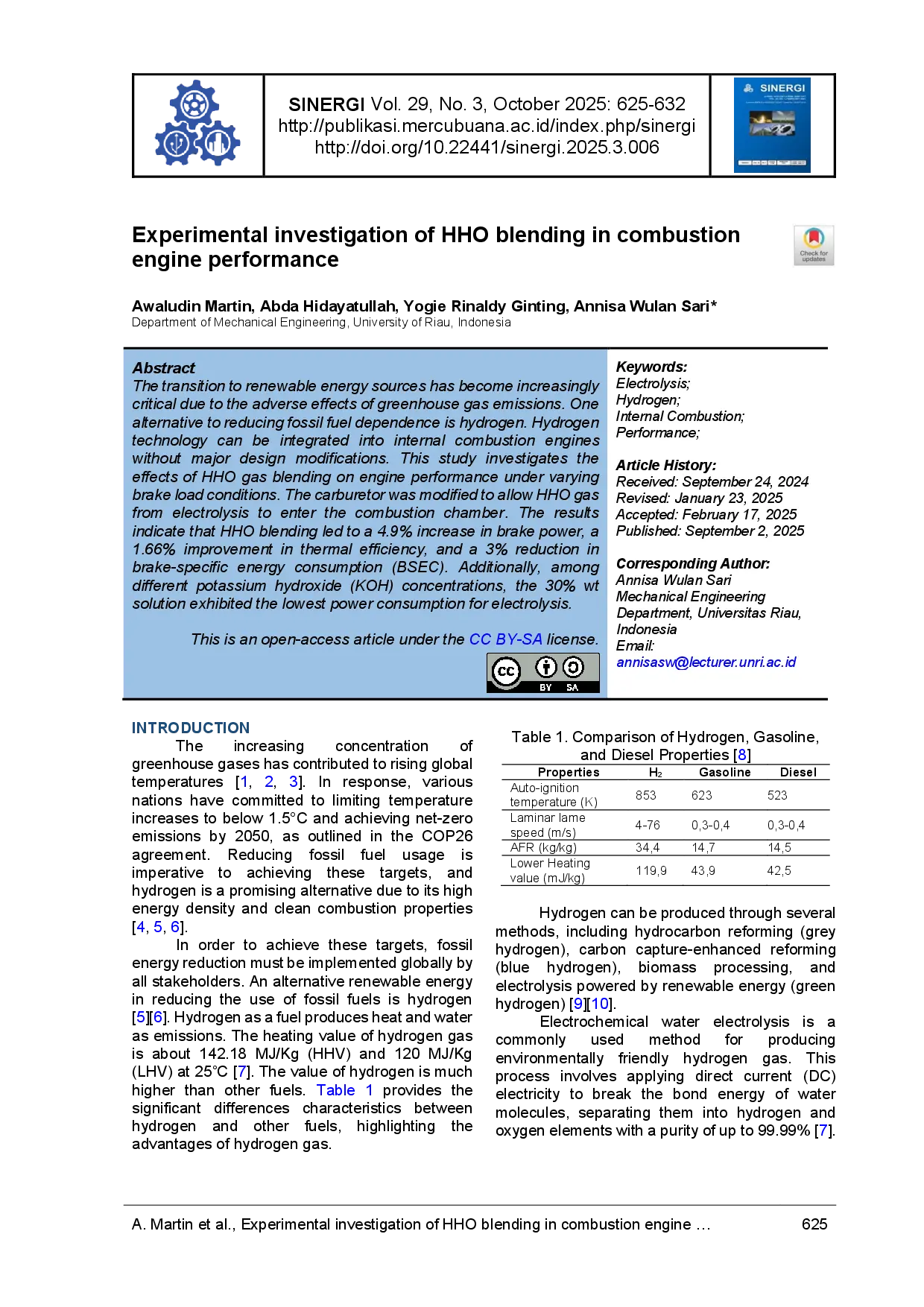 juris Experimental investigation of HHO blending in combustion engine performance