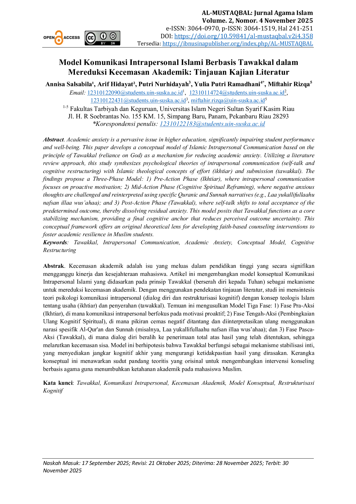 JURIS Model Komunikasi Intrapersonal Islami Berbasis Tawakkal dalam Mereduksi Kecemasan Akademik Tinjauan Kajian Literatur