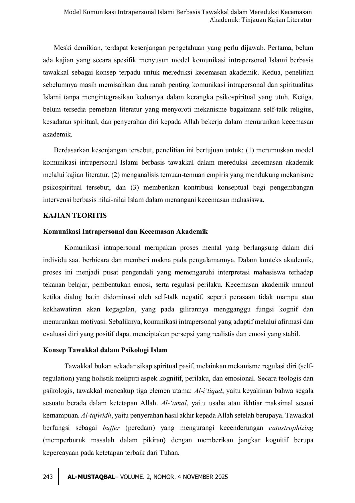 JURIS Model Komunikasi Intrapersonal Islami Berbasis Tawakkal dalam Mereduksi Kecemasan Akademik Tinjauan Kajian Literatur