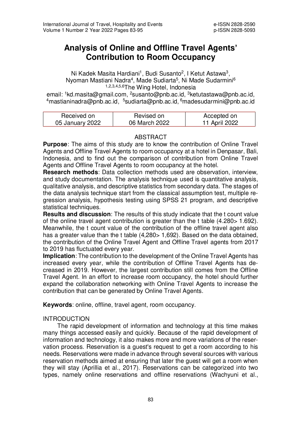 JURIS Analysis of Online and Offline Travel Agents Contribution to Room Occupancy