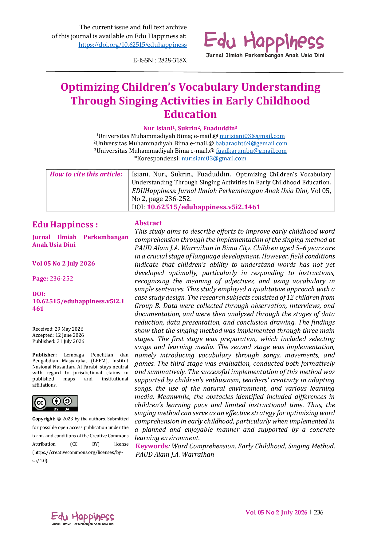 JURIS Optimizing Children s Vocabulary Understanding Through Singing Activities in Early Childhood Education