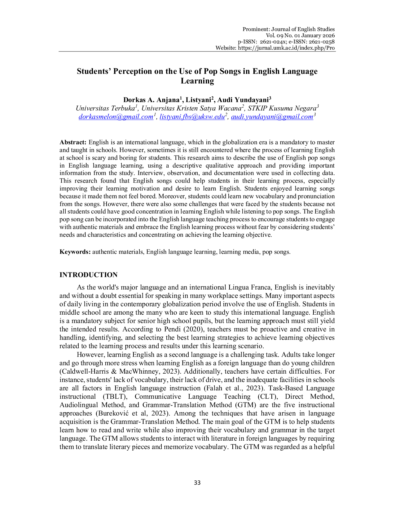 JURIS Students Perception on the Use of Pop Songs in English Language Learning