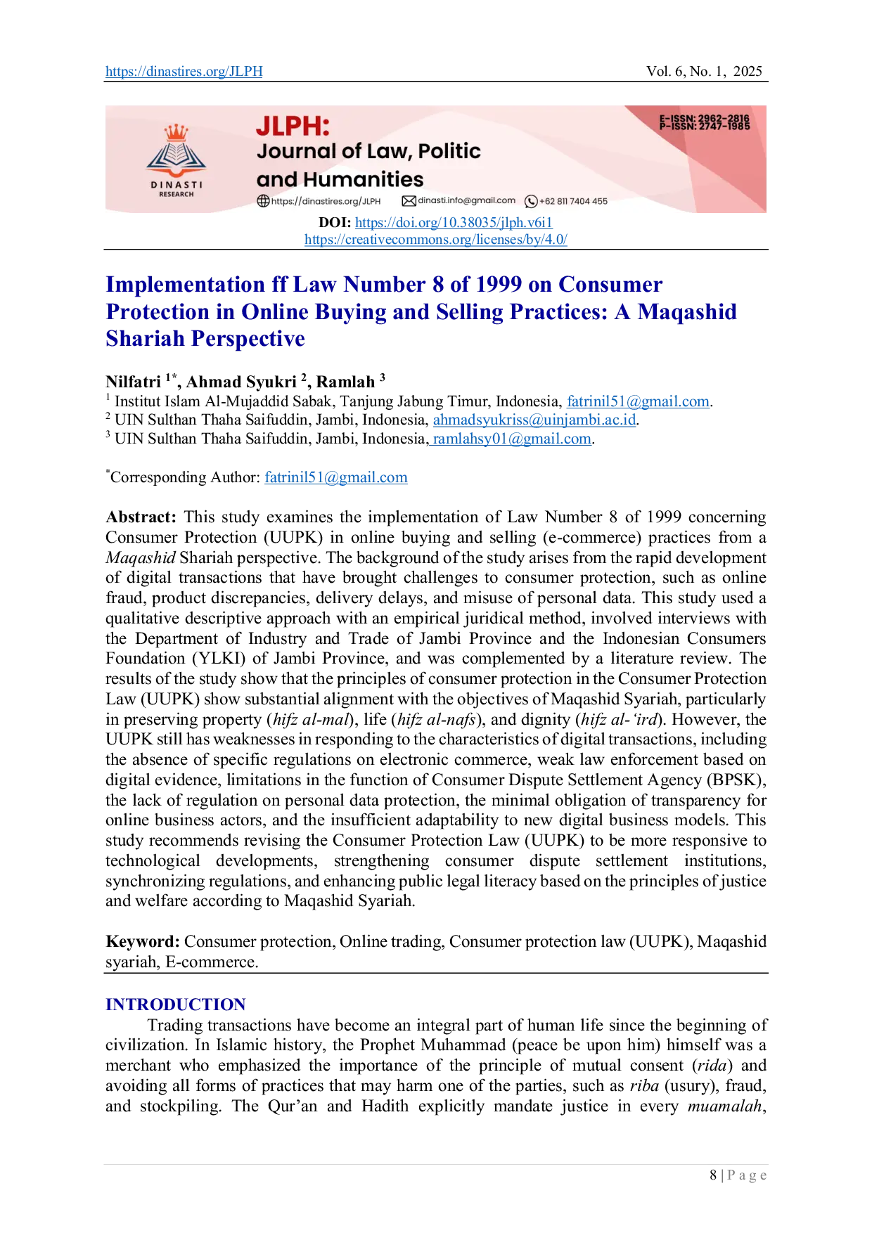 JURIS Implementation of Law Number 8 of 1999 on Consumer Protection in Online Buying and Selling Practices A Maqashid Shariah Perspective