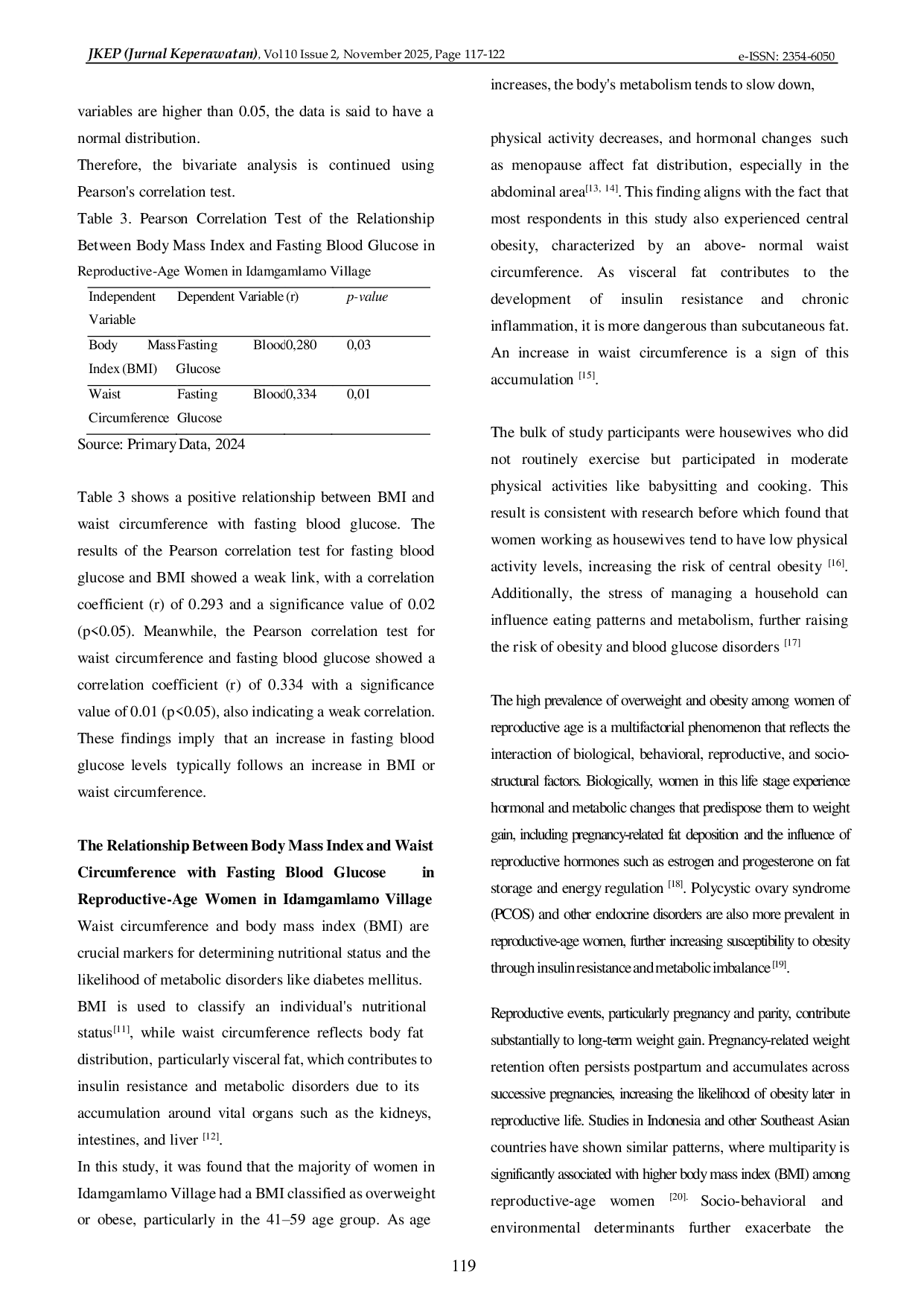 JURIS The Relationship Between Body Mass Index and Waist Circumference With Fasting Blood Glucose in Reproductive Age Women in Idamgamlamo Village