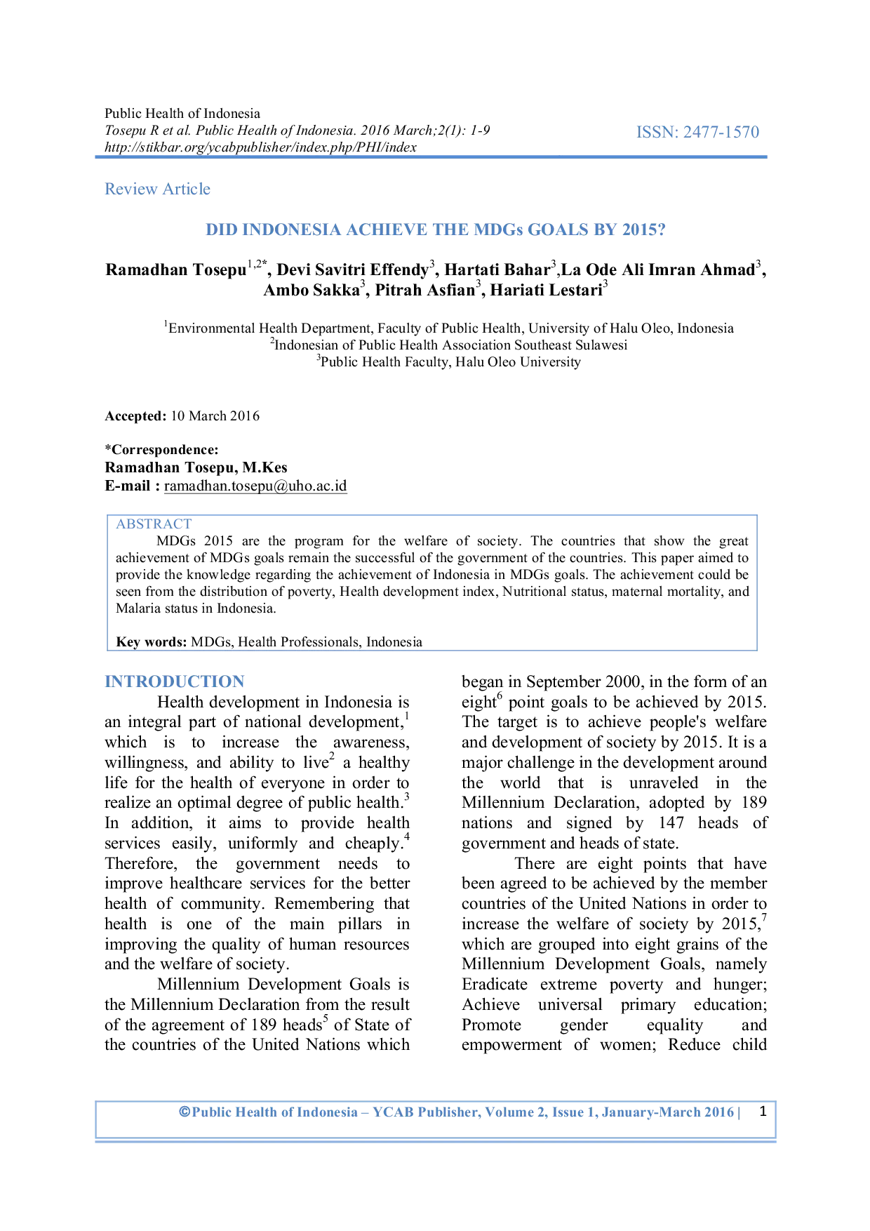 JURIS Apakah Indonesia Mencapai Tujuan MDGs pada Tahun 2015