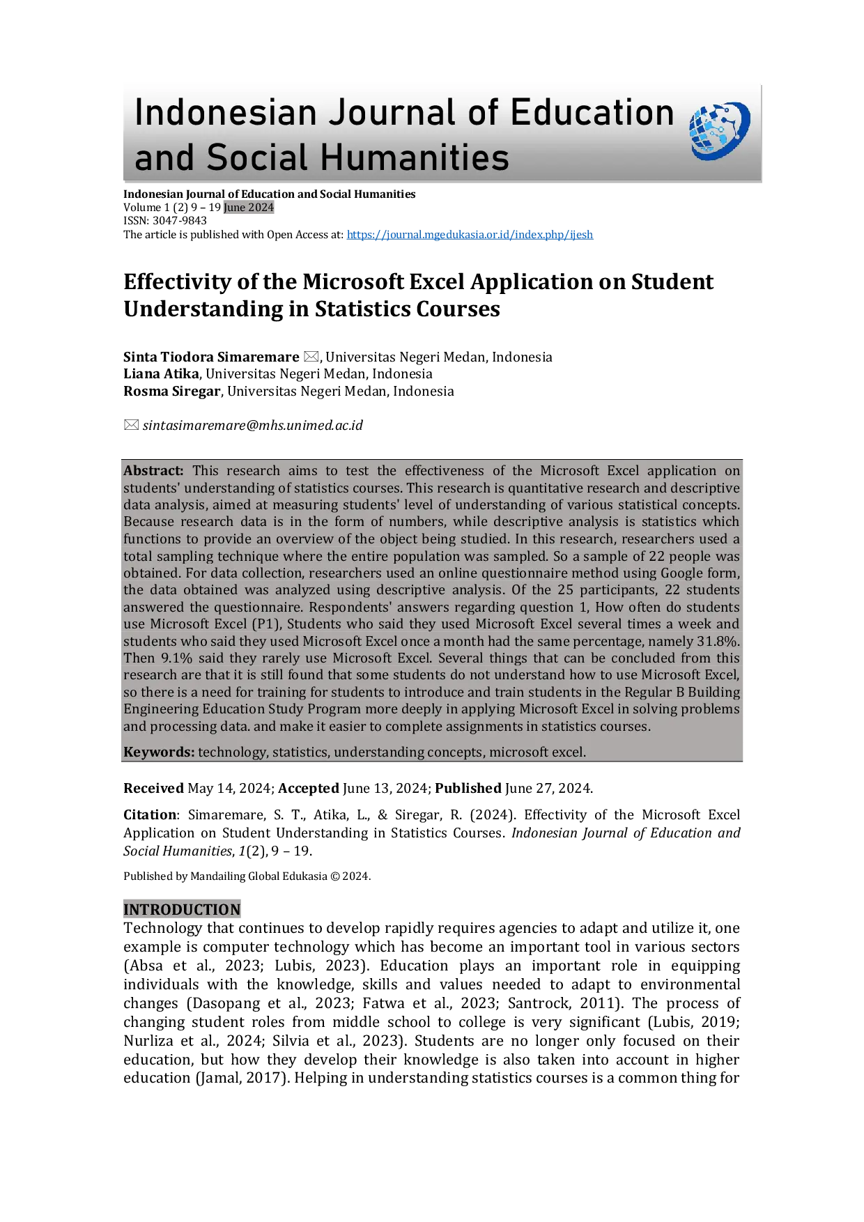 JURIS Effectivity of the Microsoft Excel Application on Student Understanding in Statistics Courses