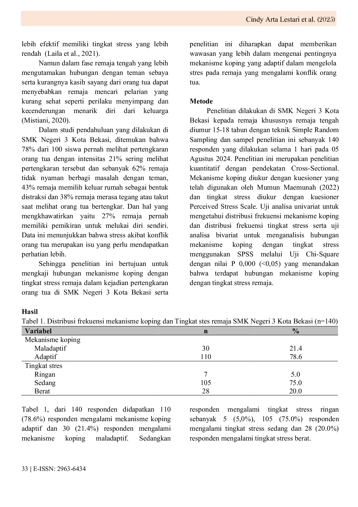 JURIS The Relationship Between Coping Mechanisms and Stress Levels Among Adolescents Experiencing Parental Conflict at SMK Negeri 3 Bekasi City