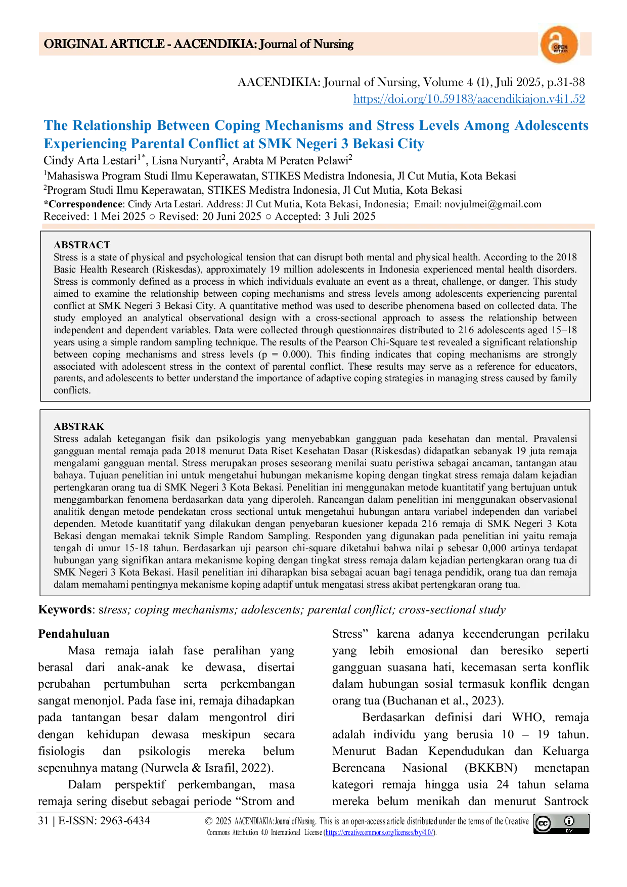 JURIS The Relationship Between Coping Mechanisms and Stress Levels Among Adolescents Experiencing Parental Conflict at SMK Negeri 3 Bekasi City