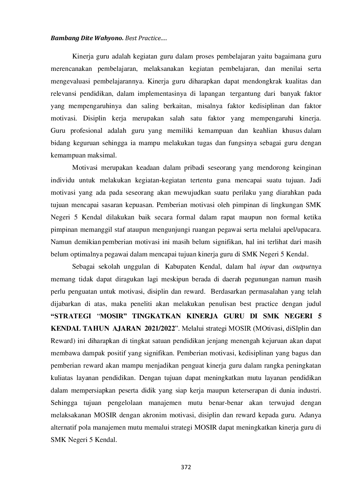 JURIS Best Practice Strategi Mosir Tingkatkan Kinerja Guru di SMK Negeri 5 Kendal Tahun Ajaran 2021 2022