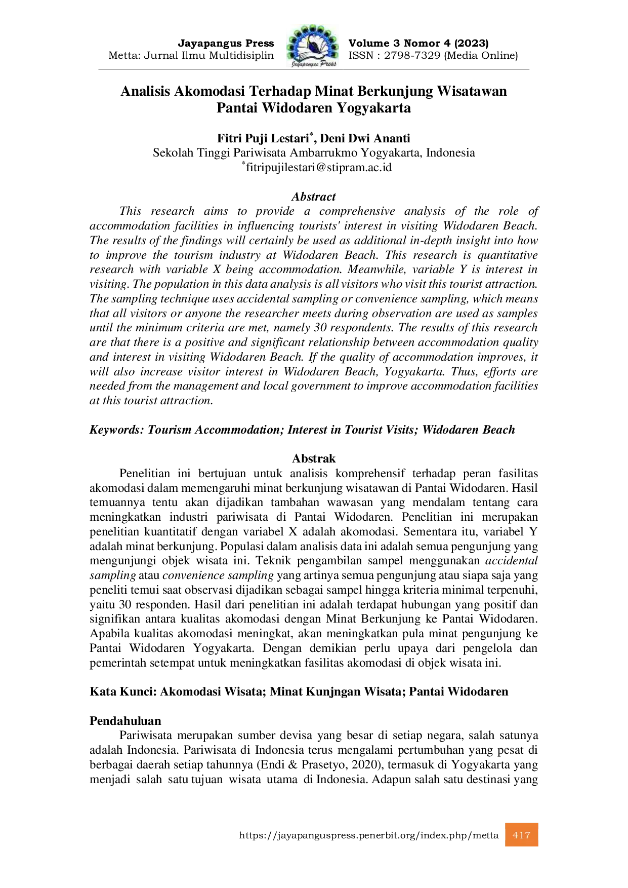 JURIS Analisis Akomodasi Terhadap Minat Berkunjung Wisatawan Pantai Widodaren Yogyakarta
