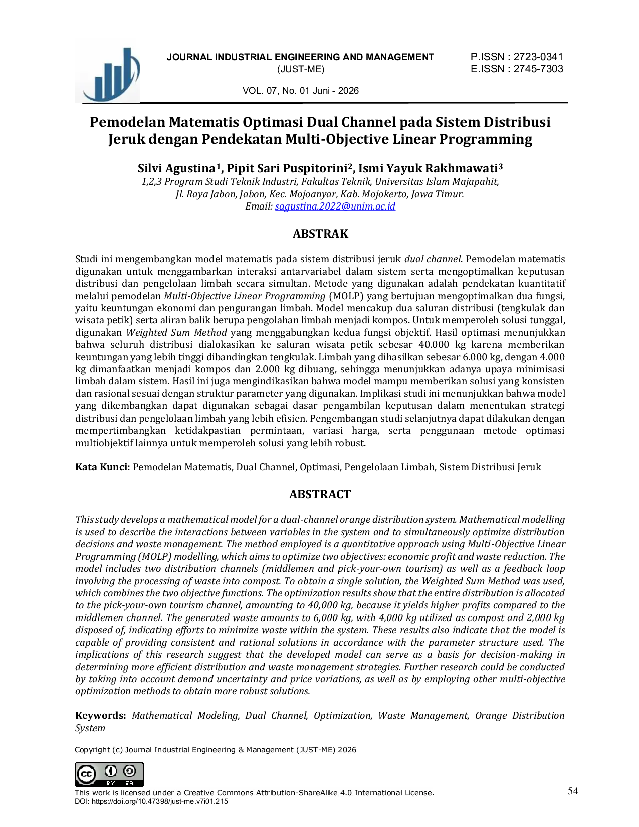 JURIS Pemodelan Matematis Optimasi Dual Channel Pada Sistem Distribusi Jeruk Dengan Pendekatan Multi Objective Linear Programming