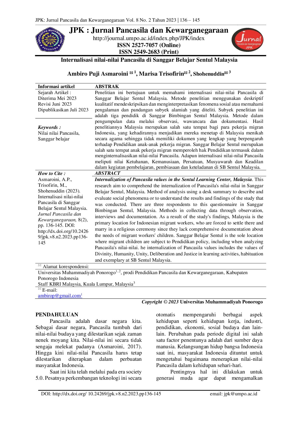 JURIS Internalisasi nilai nilai Pancasila di Sanggar Belajar Sentul Malaysia