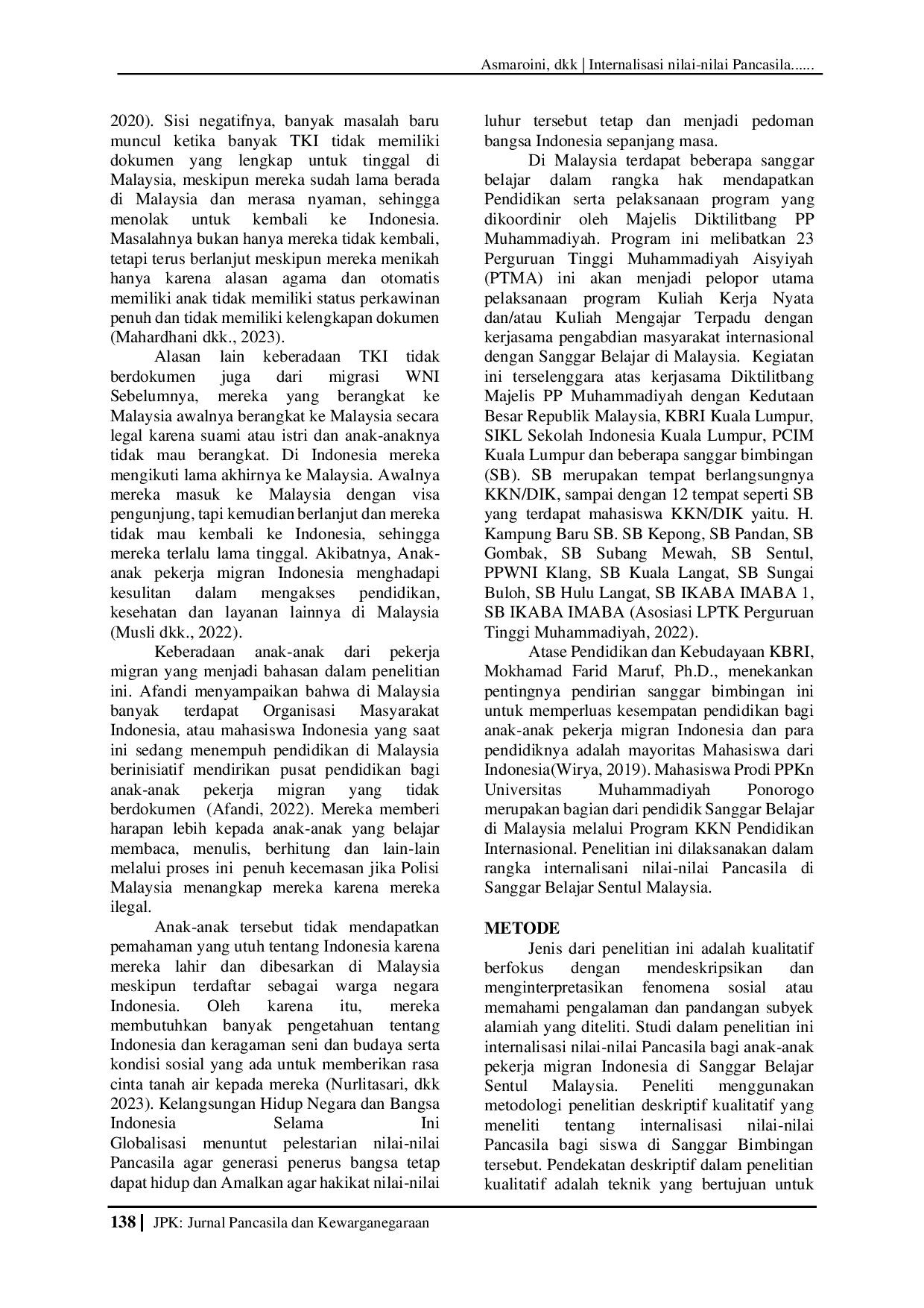 JURIS Internalisasi nilai nilai Pancasila di Sanggar Belajar Sentul Malaysia