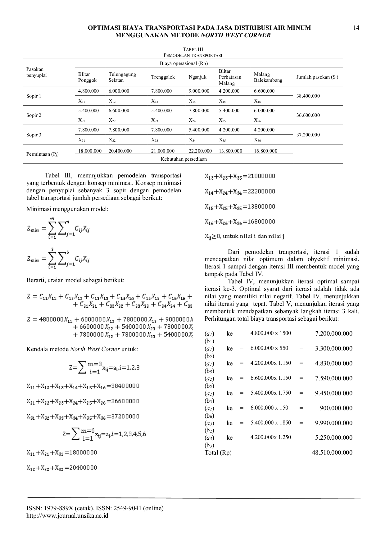 JURIS OPTIMASI BIAYA TRANSPORTASI PADA JASA DISTRIBUSI AIR MINUM MENGGUNAKAN METODE NORTH WEST CORNER