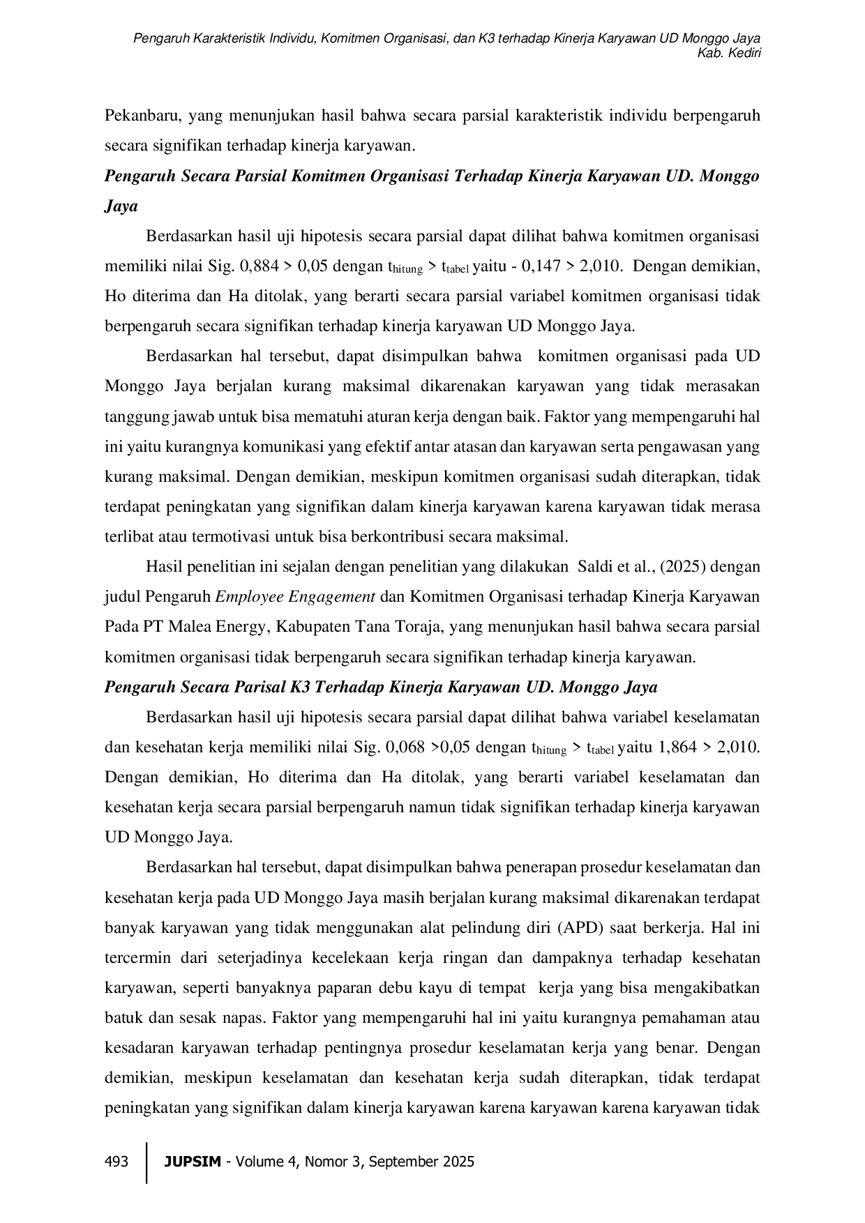 JURIS Pengaruh Karakteristik Individu Komitmen Organisasi dan K3 terhadap Kinerja Karyawan UD Monggo Jaya Kab Kediri