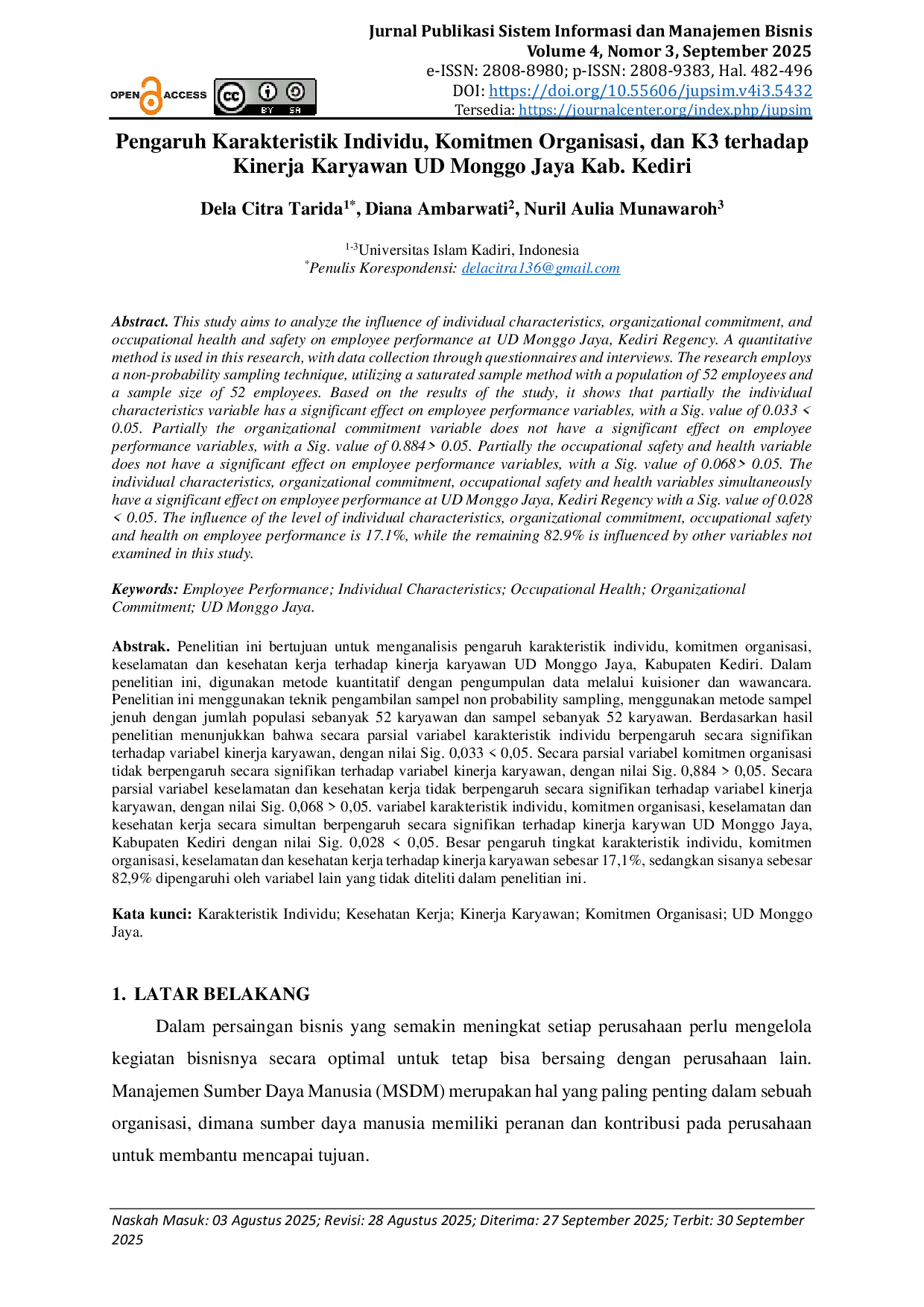 JURIS Pengaruh Karakteristik Individu Komitmen Organisasi dan K3 terhadap Kinerja Karyawan UD Monggo Jaya Kab Kediri