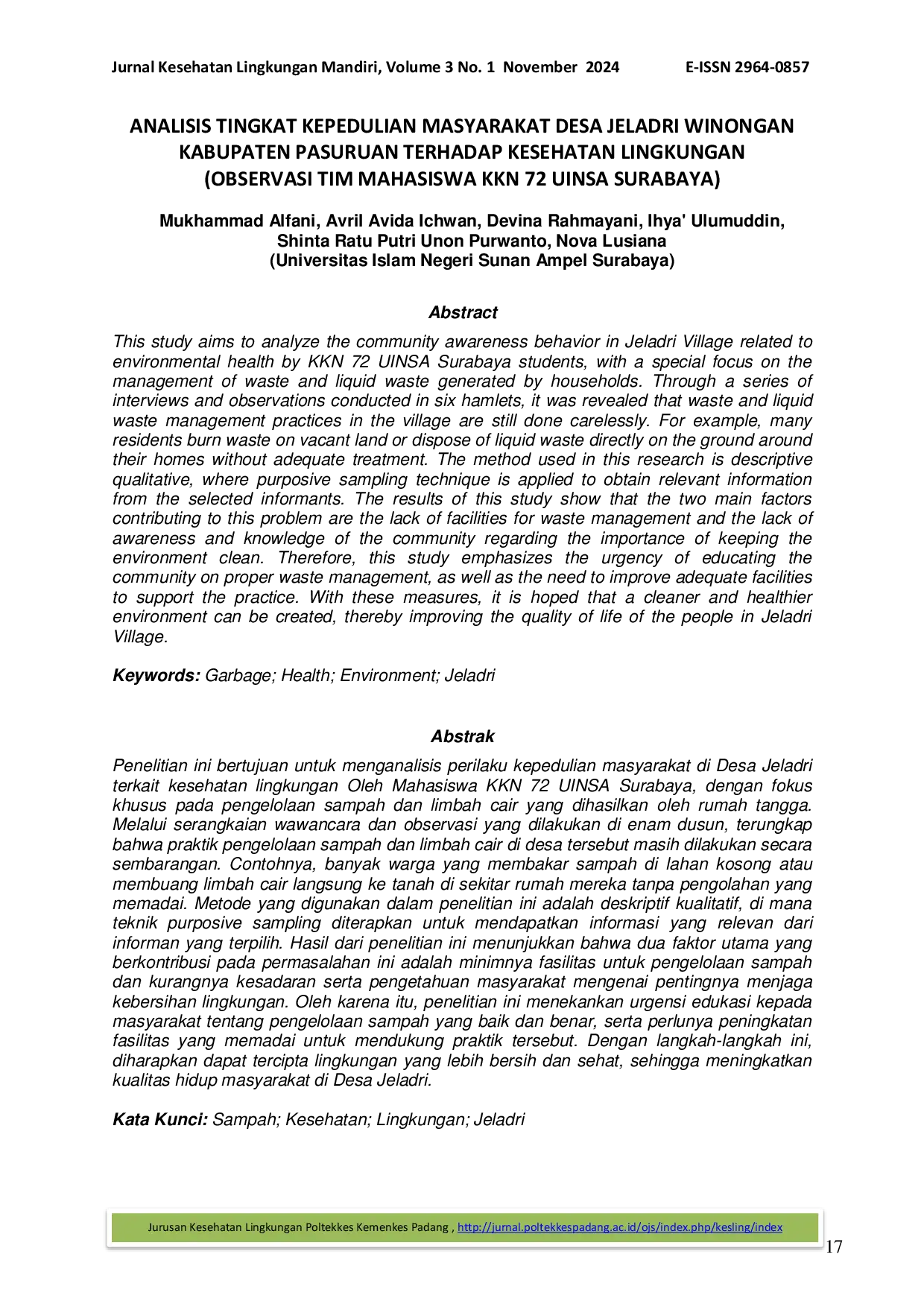 JURIS Analisis Tingkat Kepedulian Masyarakat Desa Jeladri Winongan Kabupaten Pasuruan Terhadap Kesehatan Lingkungan