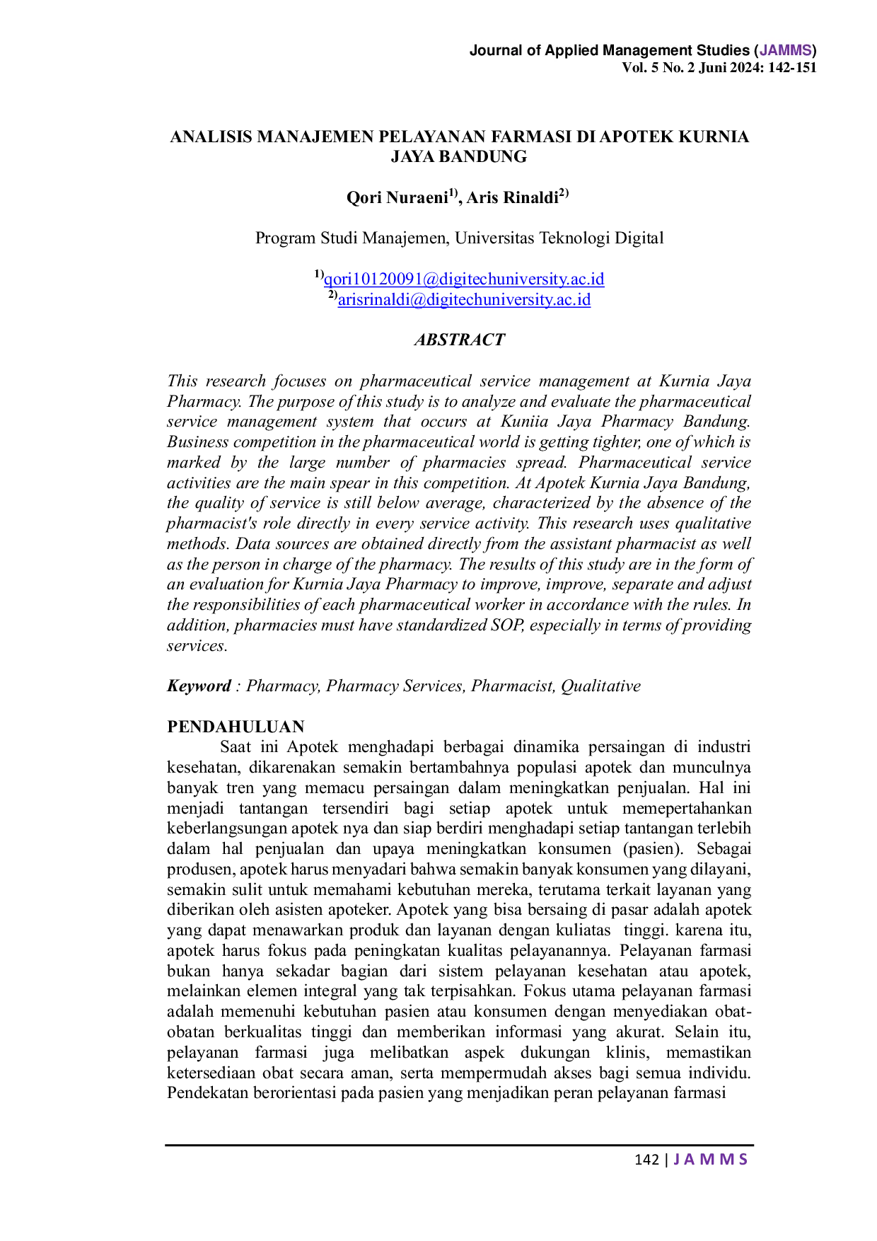 JURIS Analisis Manajemen Pelayanan Farmasi di Apotek Kurnia Jaya Bandung