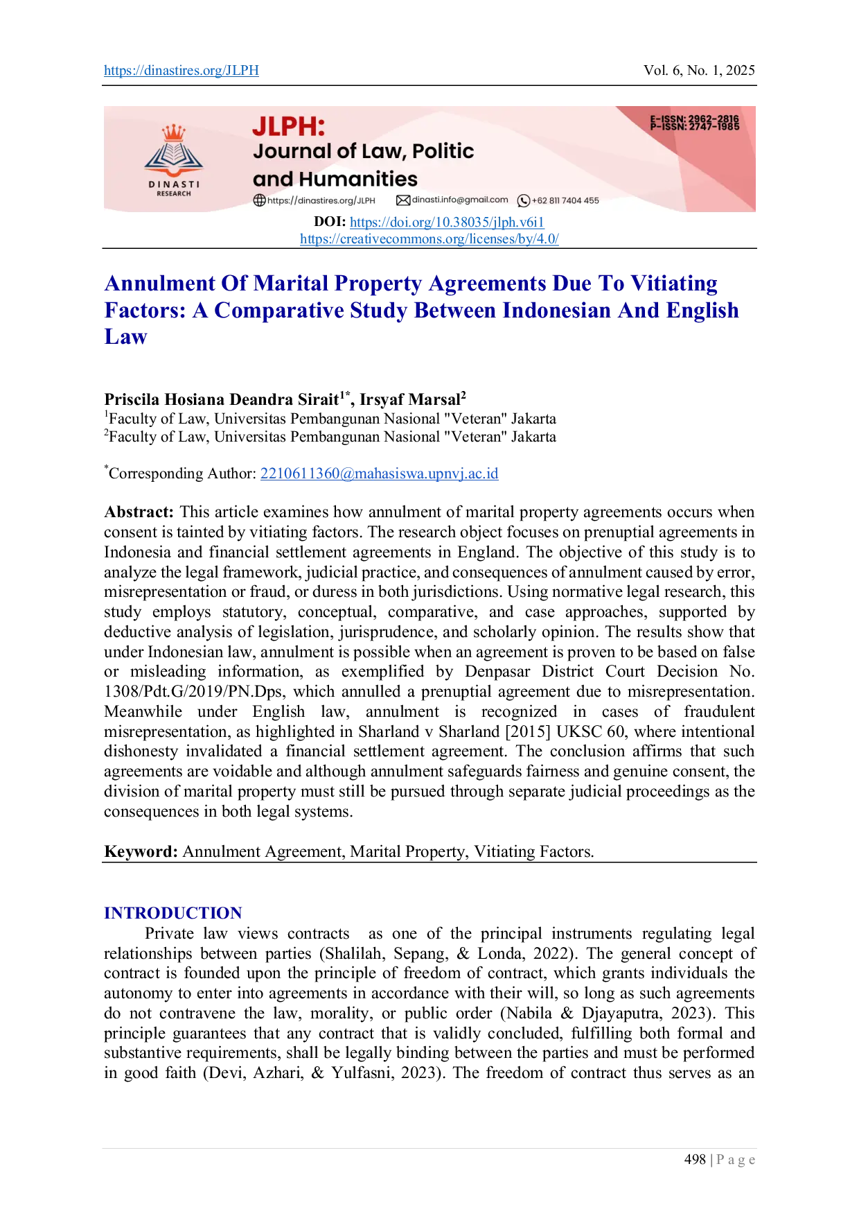 JURIS Annulment of Marital Property Agreements Due to Vitiating Factors A Comparative Study Between Indonesian and English Law