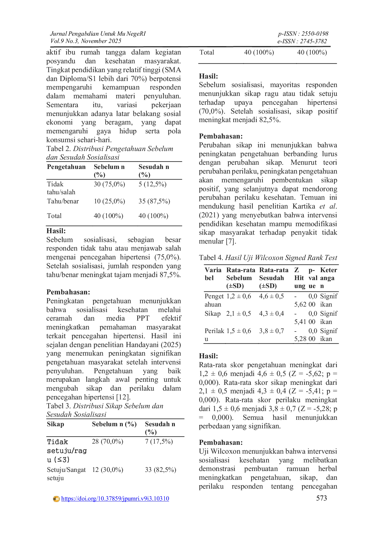JURIS Efektivitas Sosialisasi Kesehatan Terhadap Peningkatan Pengetahuan Pencegahan Hipertensi dengan Ramuan Herbal