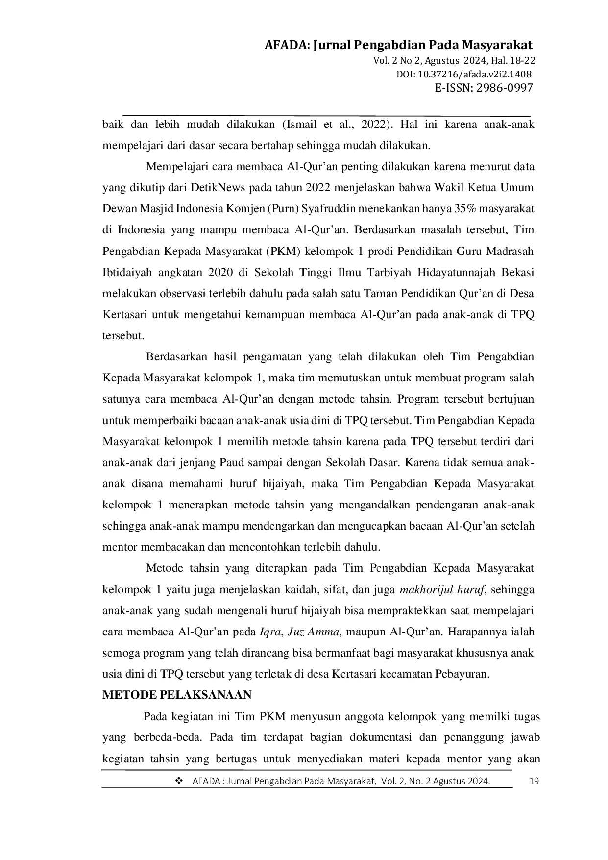 JURIS Penerapan Metode Tahsin dalam Pembelajaran Membaca Al Qur an Bagi Anak Usia Dini di Salah Satu TPQ di Desa Kertasari