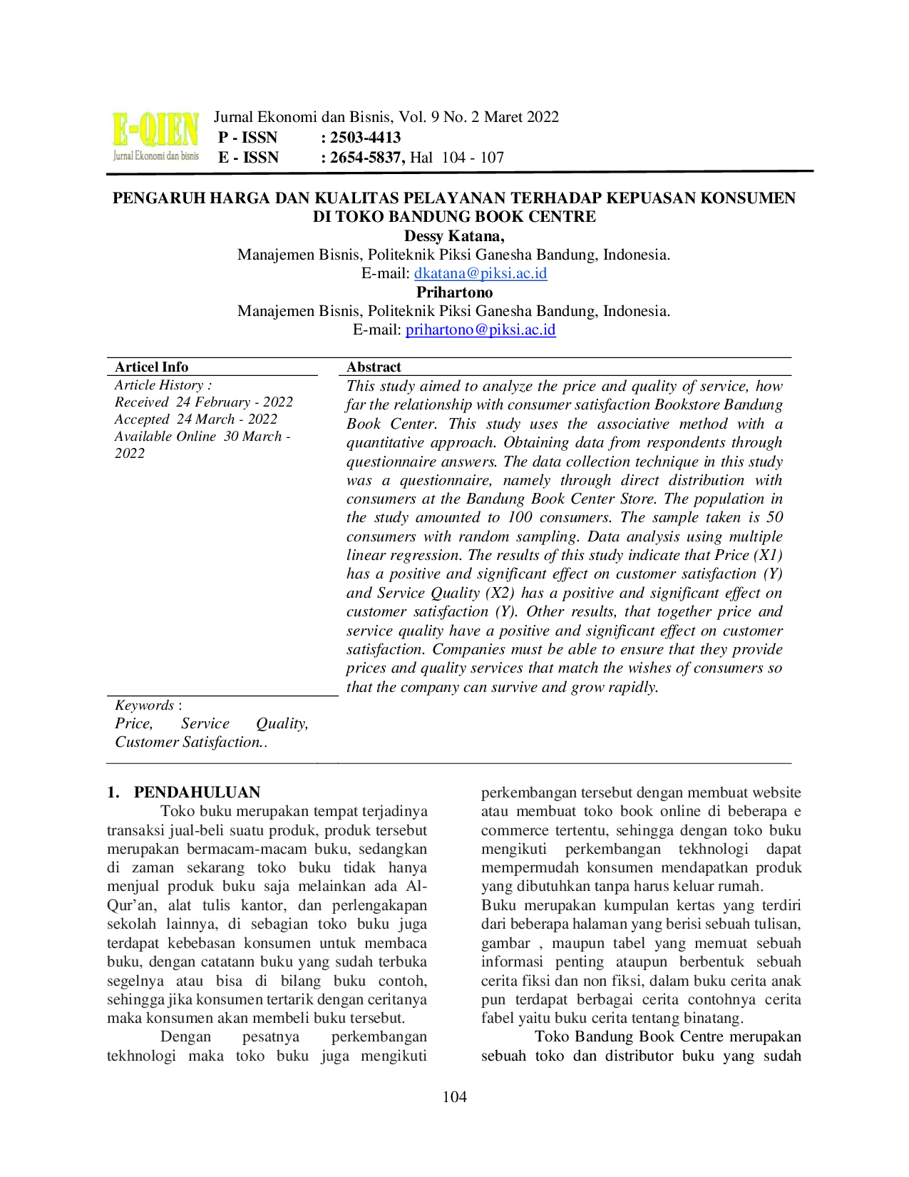 JURIS Pengaruh Harga Dan Kualitas Pelayanan Terhadap Kepuasan Konsumen Di Toko Bandung Book Centre