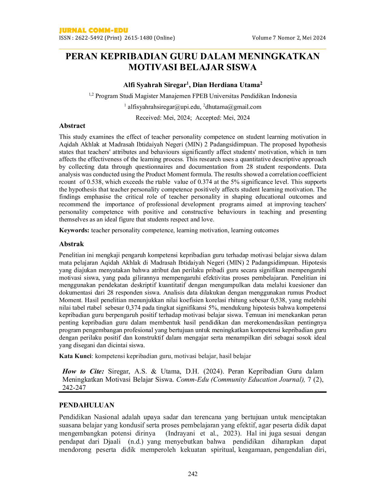 JURIS Peran Kepribadian Guru Dalam Meningkatkan Motivasi Belajar Siswa