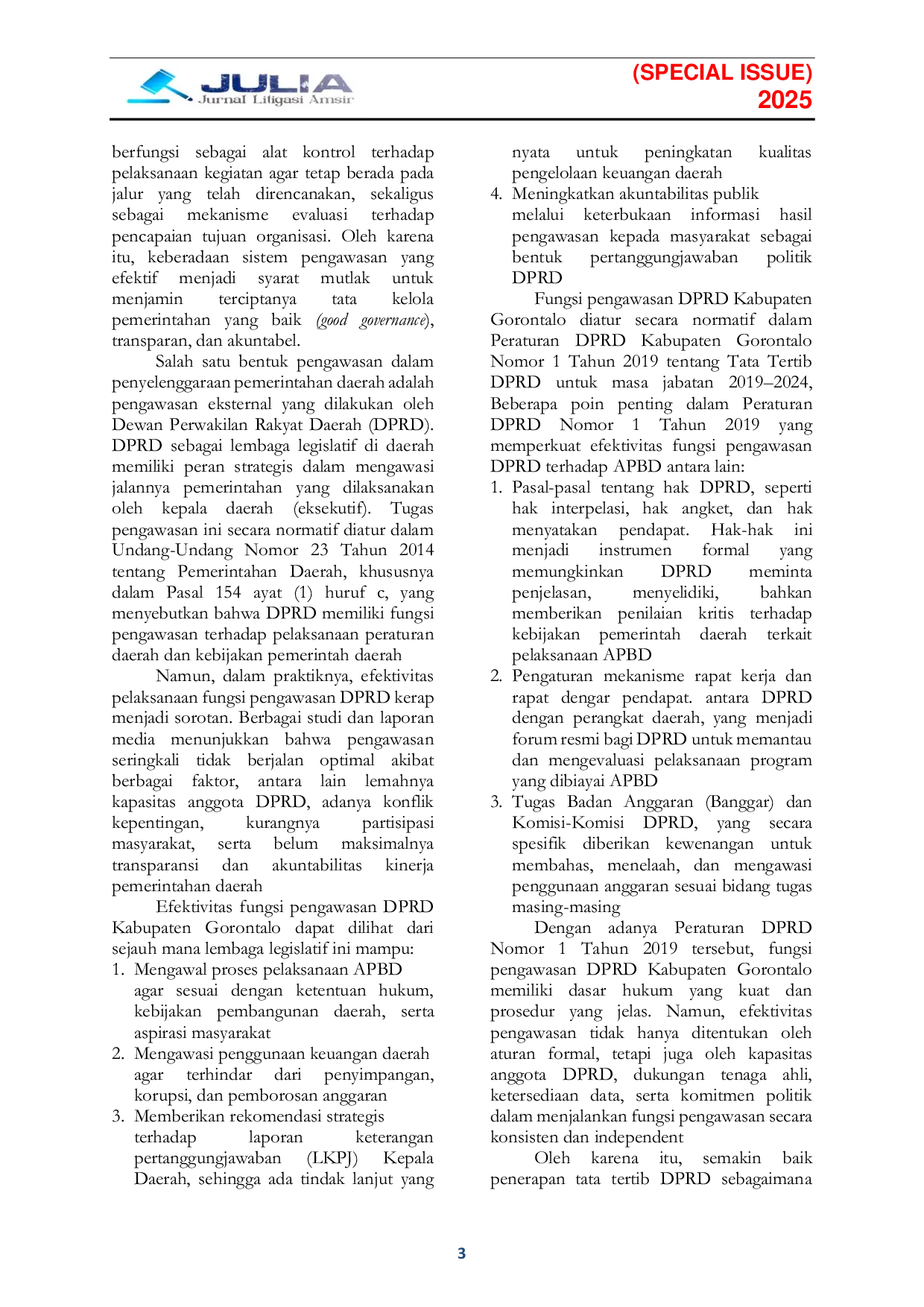 JURIS Efektivitas Fungsi DPRD dalam Mengawasi Pengelolaan APBD Kabupaten Gorontalo