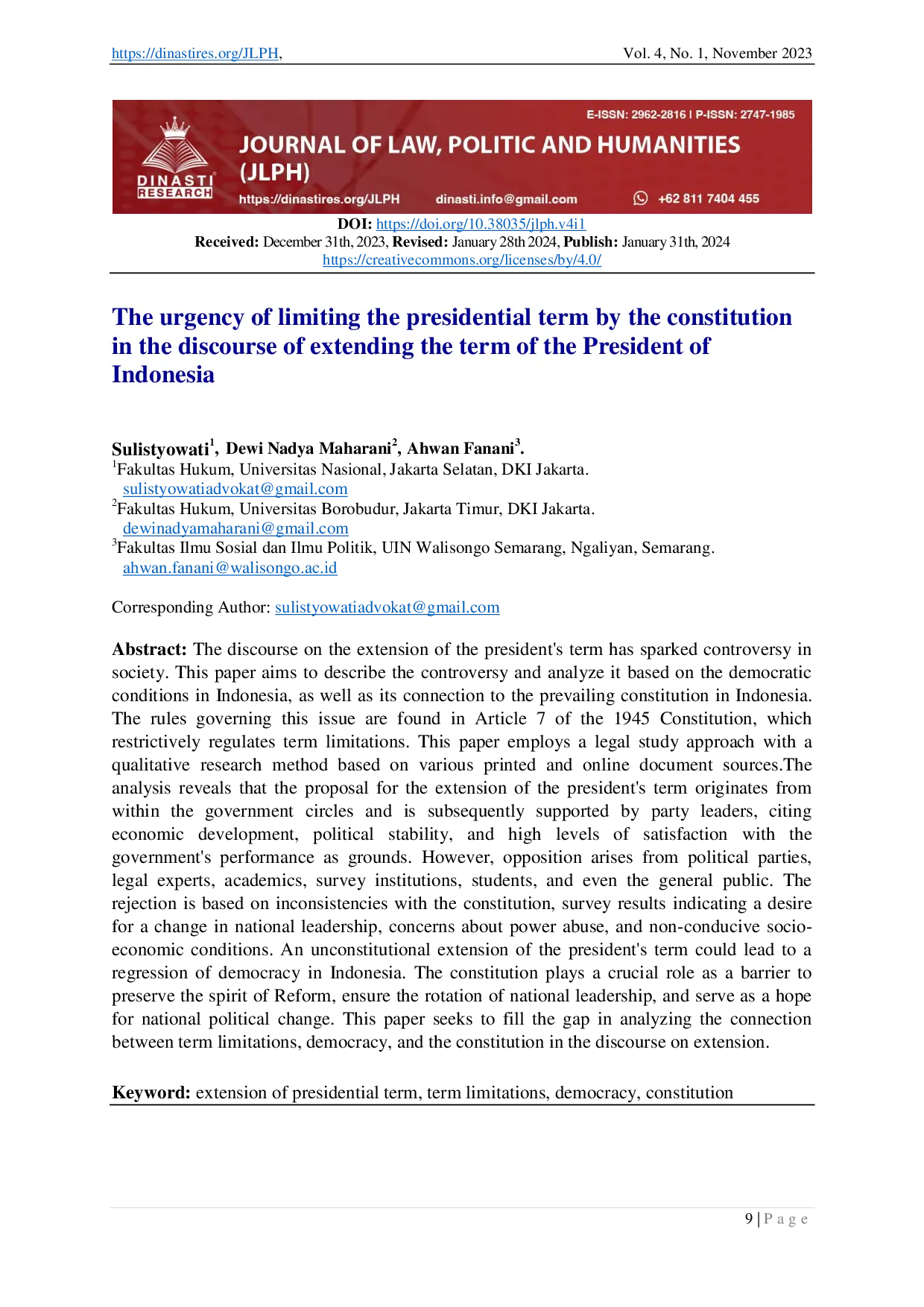 juris The urgency of limiting the presidential term by the constitution in the discourse of extending the term of the President of Indonesia