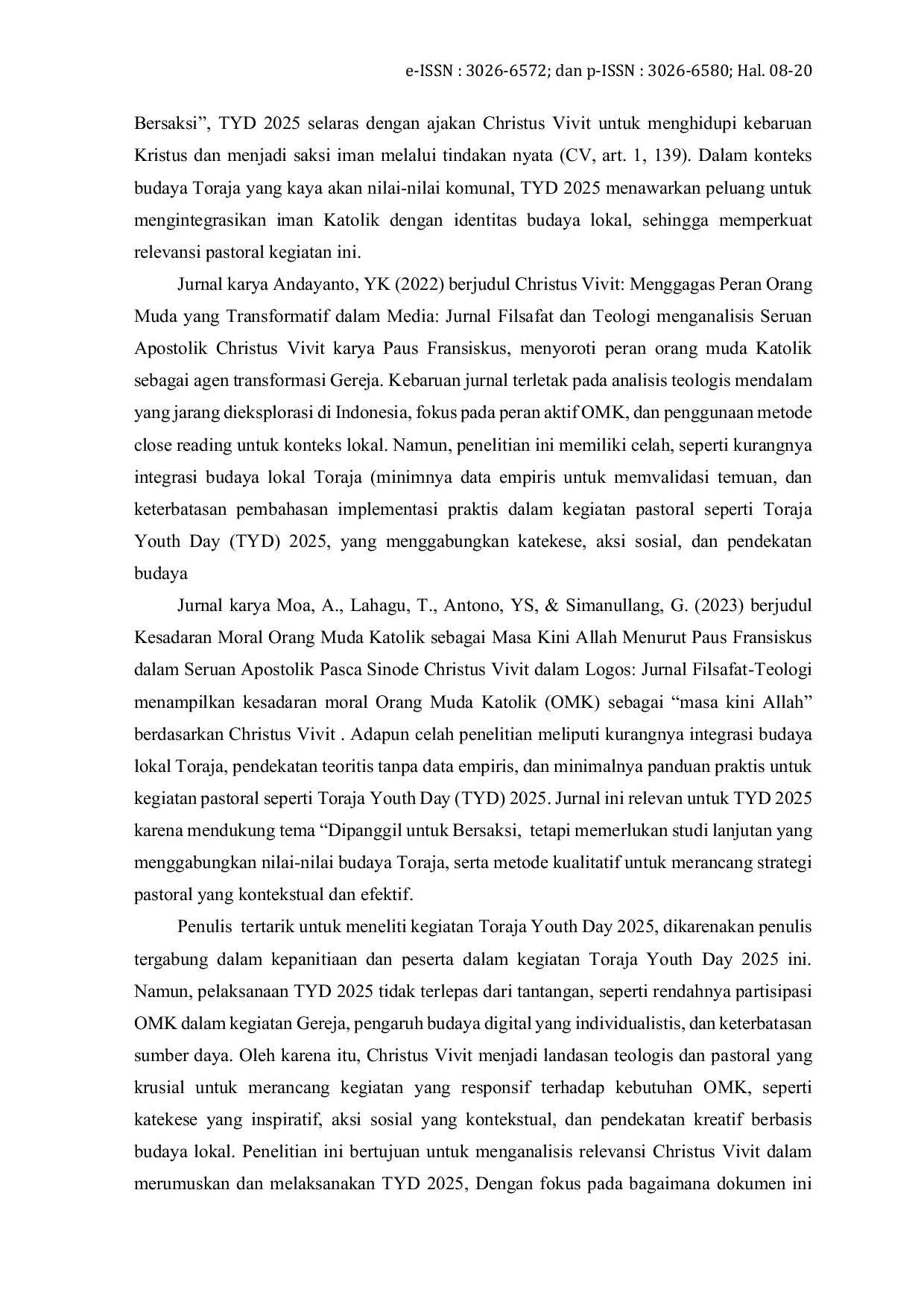 JURIS Relevansi Seruan Apostolik Christus Vivit dalam Kegiatan Toraja Youth Day 2025