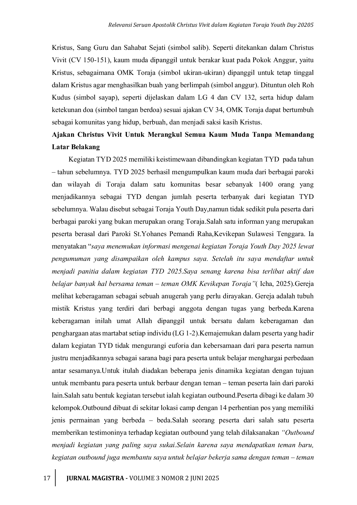 JURIS Relevansi Seruan Apostolik Christus Vivit dalam Kegiatan Toraja Youth Day 2025