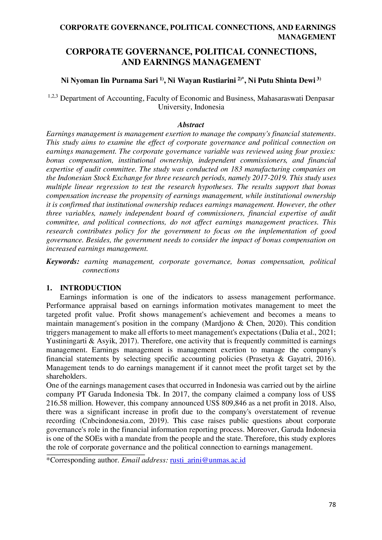 JURIS Corporate Governance Political Connections and Earnings Management